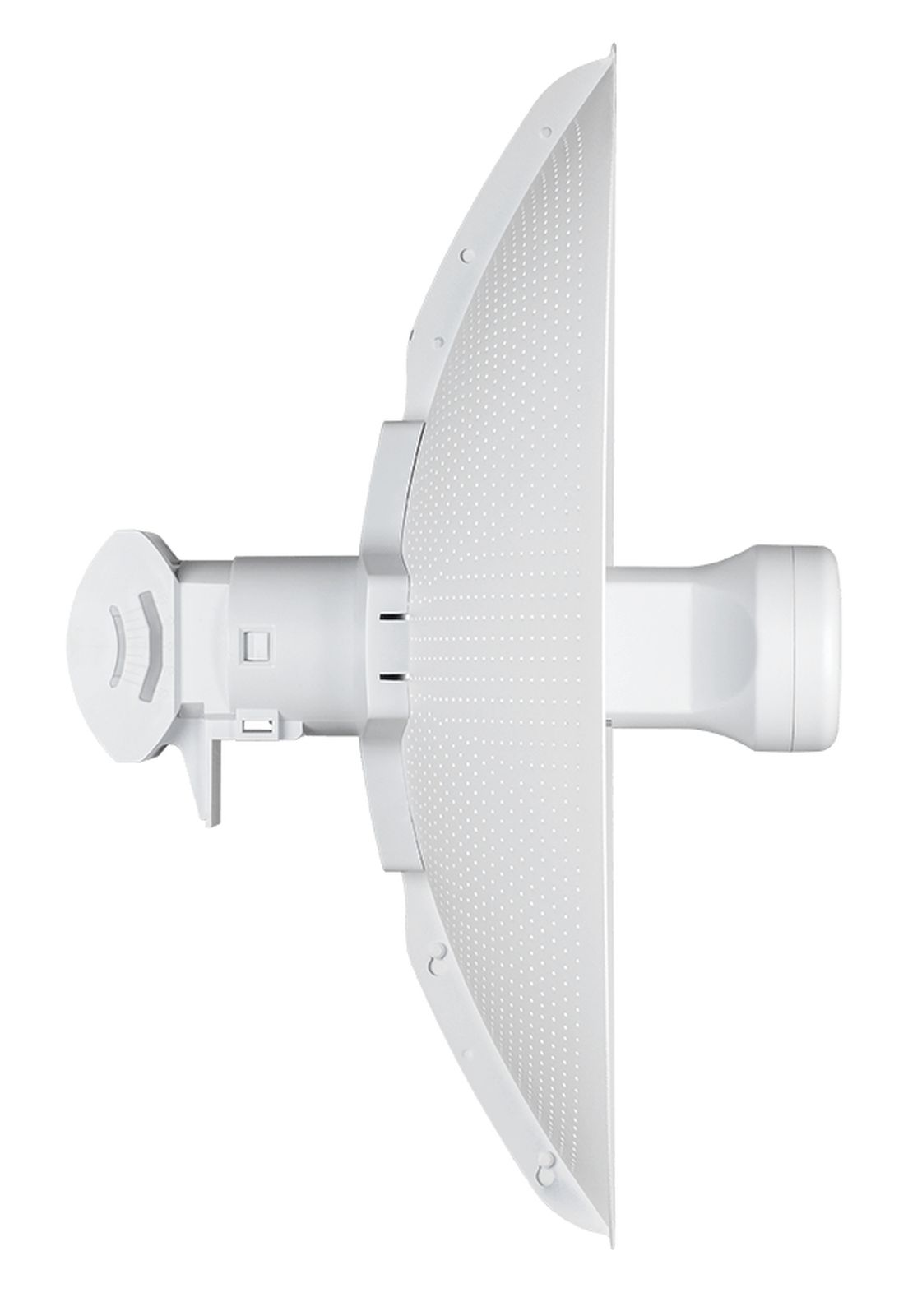 Eine weiße Richtfunkantenne mit Reflektorschüssel und montiertem Feedhorn auf weißem Hintergrund.