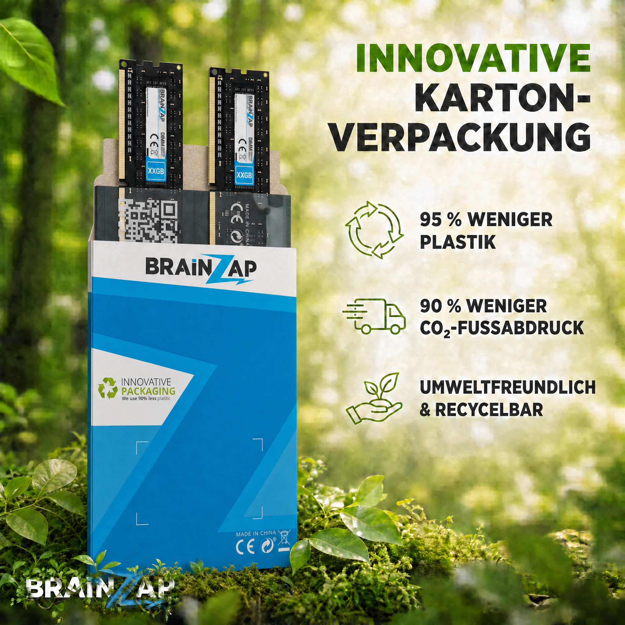 Innovative Pappverpackung für RAM-Module mit Recycling- und CO2-Einsparungs-Symbolen vor Waldkulisse.