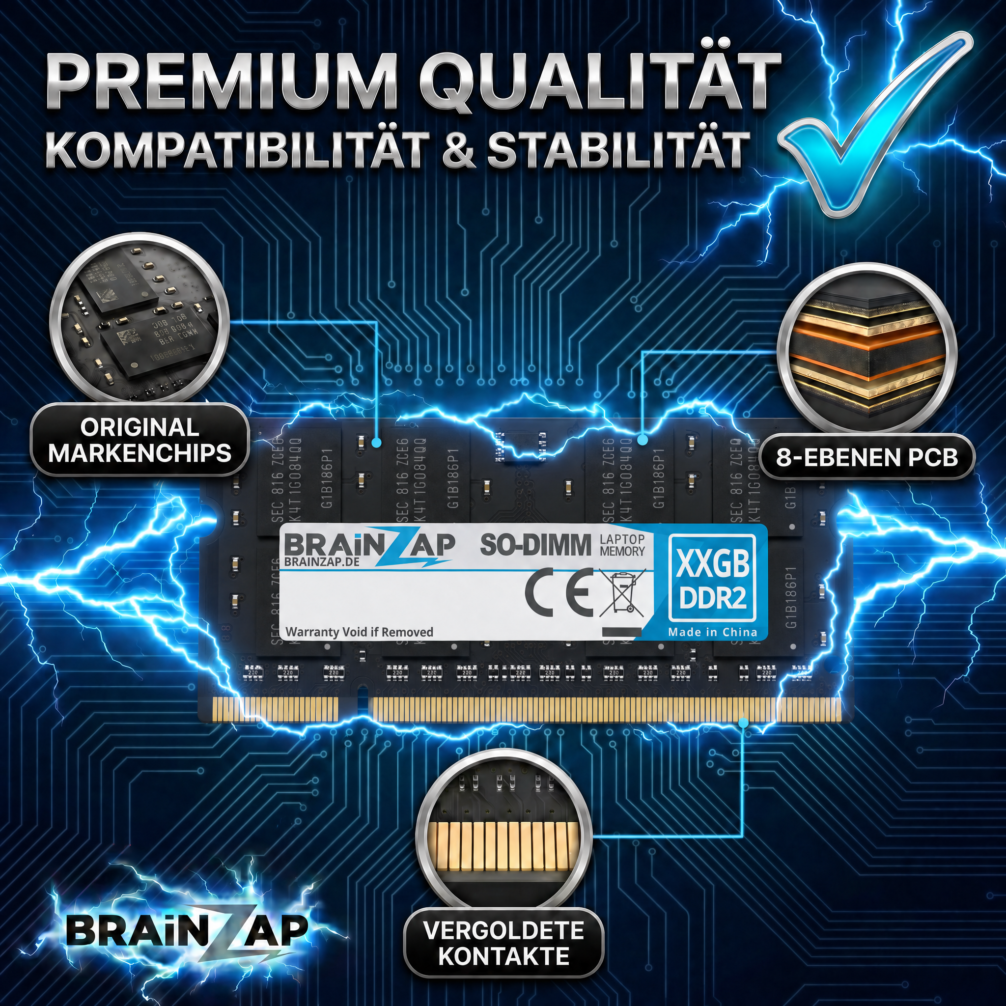 Laptop-RAM-Modul mit Markenchips, vergoldeten Kontakten und 8-Schichten-PCB vor blauem Hintergrund mit Blitzen.