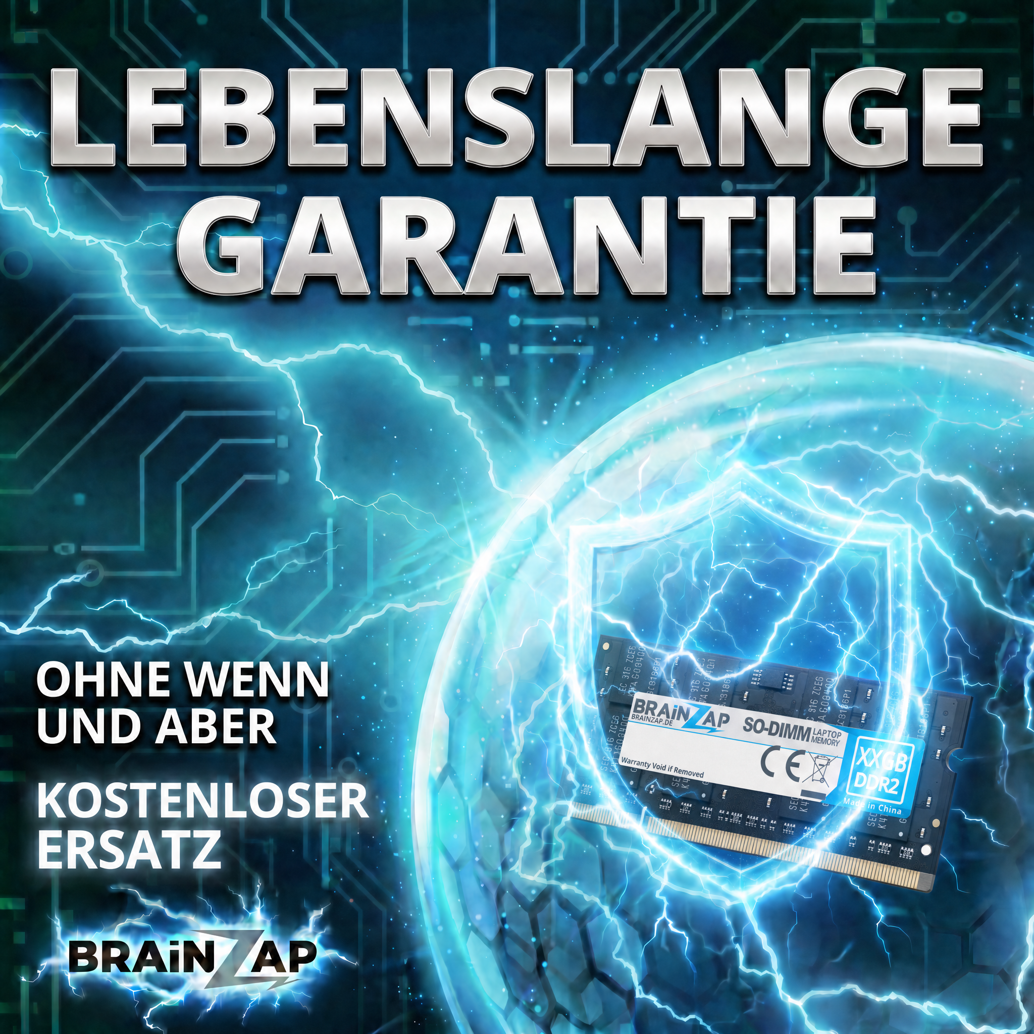 Eine RAM-Speicherkarte ist von einem elektrischen Schutzschild umgeben, mit deutschem Werbetext.