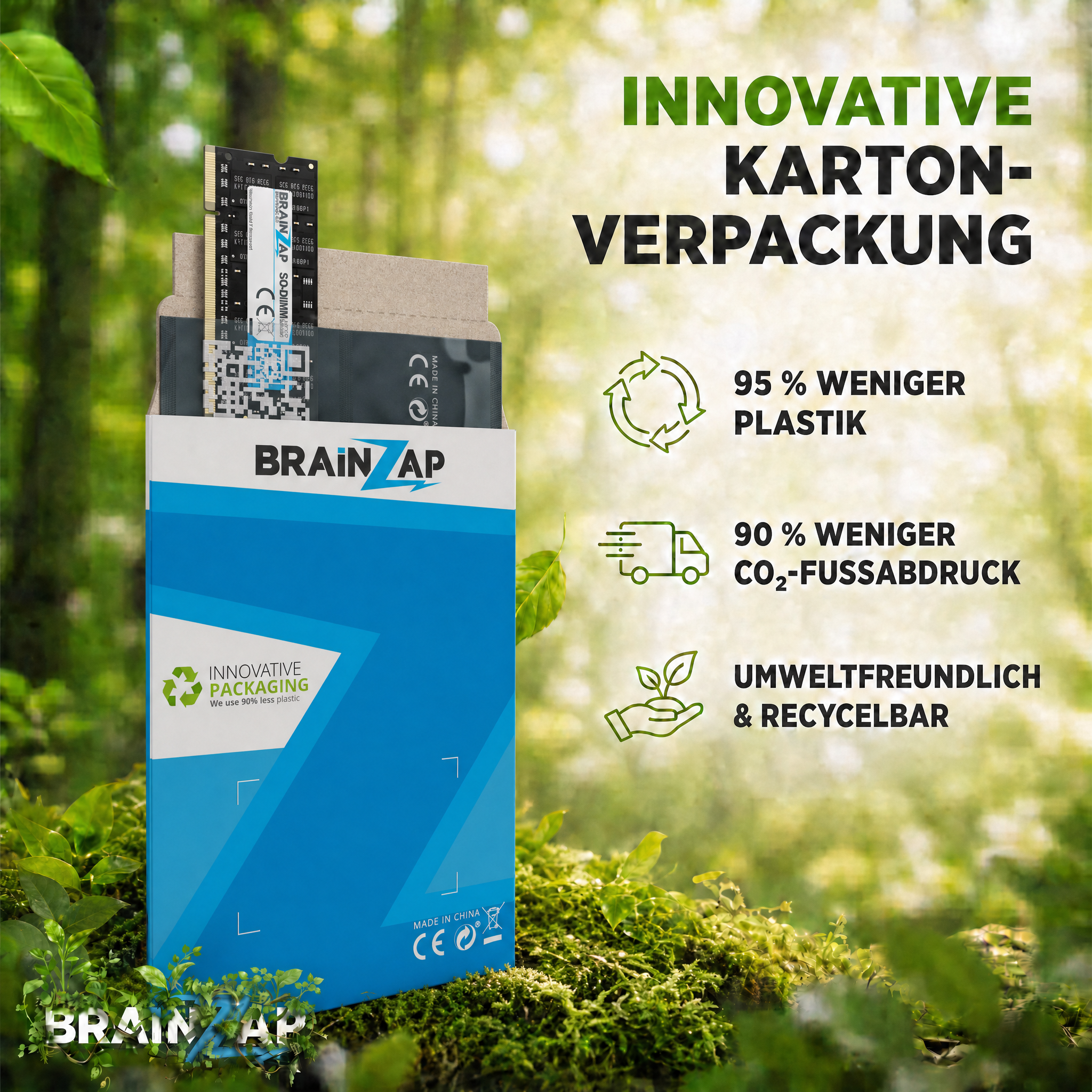 BrainZap Pappverpackung mit Elektronikkomponente auf einem moosbewachsenen Waldboden.