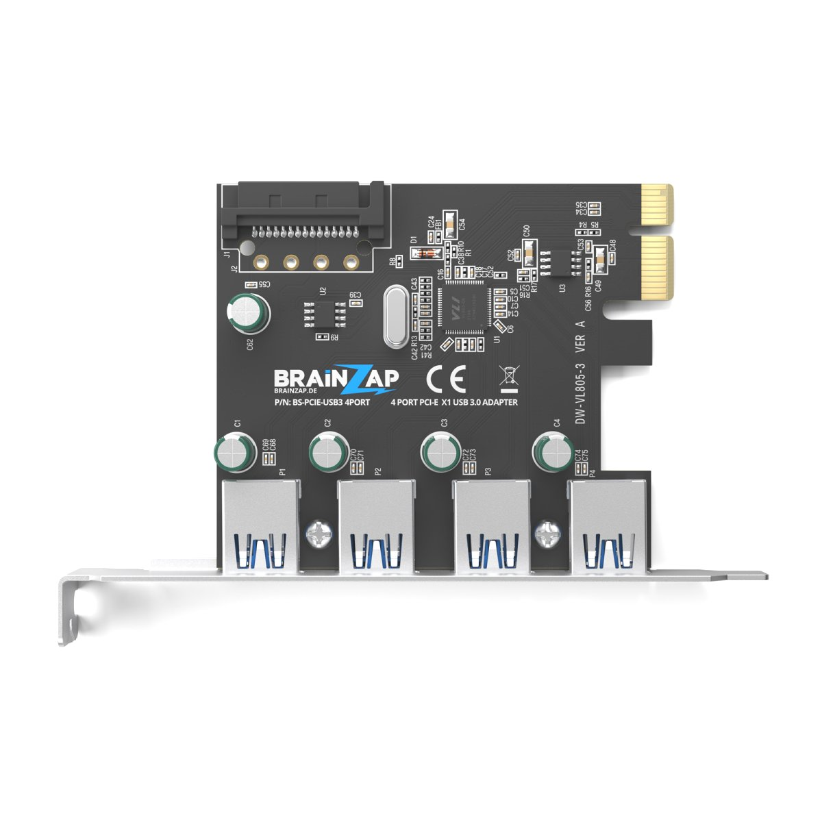 Schwarze PCIe-Karte mit vier blauen USB 3.0-Anschlüssen auf einer Metallhalterung.