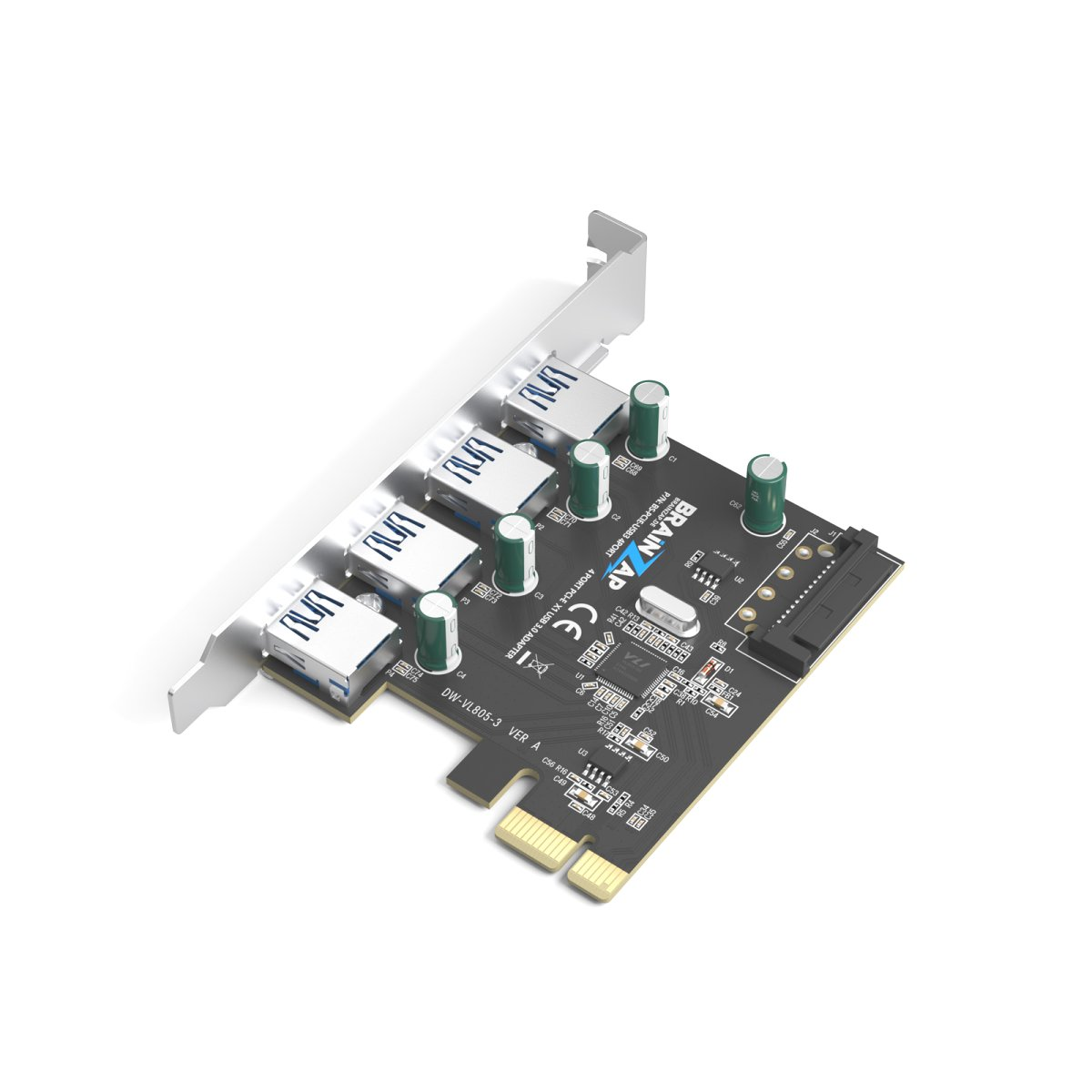 Ein schwarzer PCIe USB 3.0 Adapter mit vier blauen Ports und grünen Kondensatoren auf weißem Hintergrund.