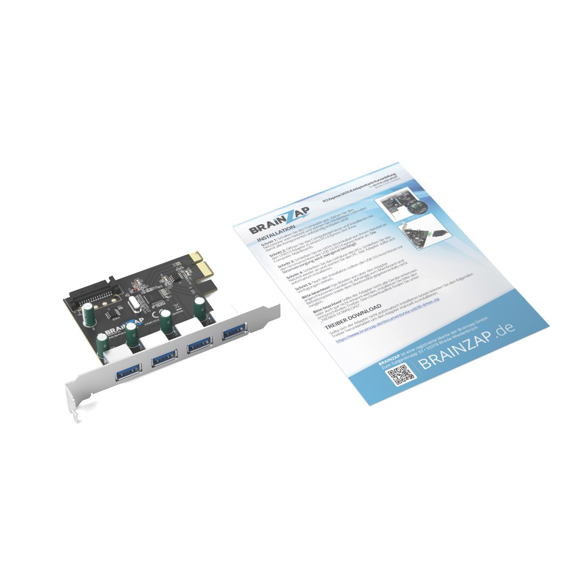 PCIe-auf-USB-3.0-Adapterkarte mit vier Anschlüssen und deutscher Installationsanleitung.