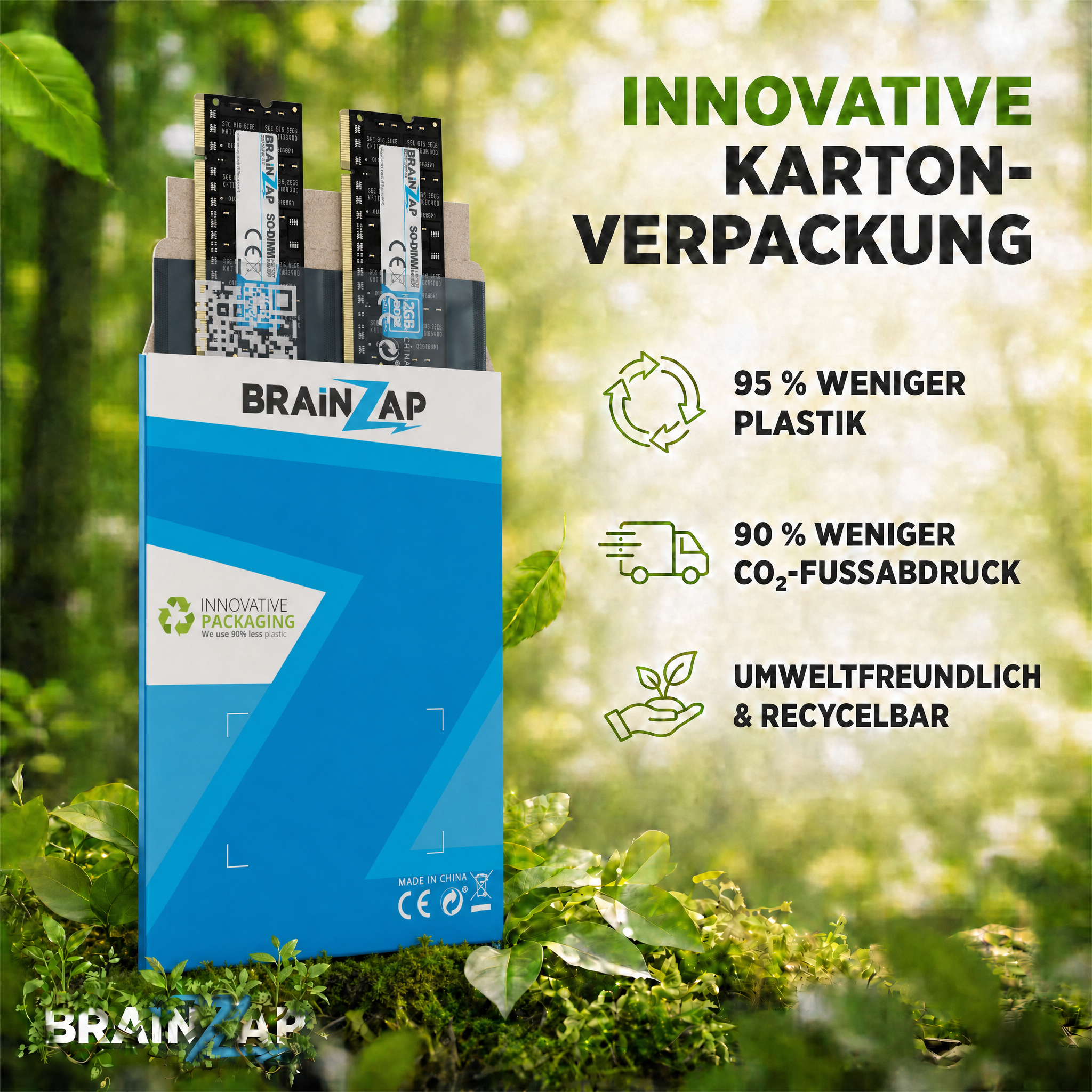 BrainZap RAM-Speicher in umweltfreundlicher Kartonverpackung vor einem waldigen Hintergrund.