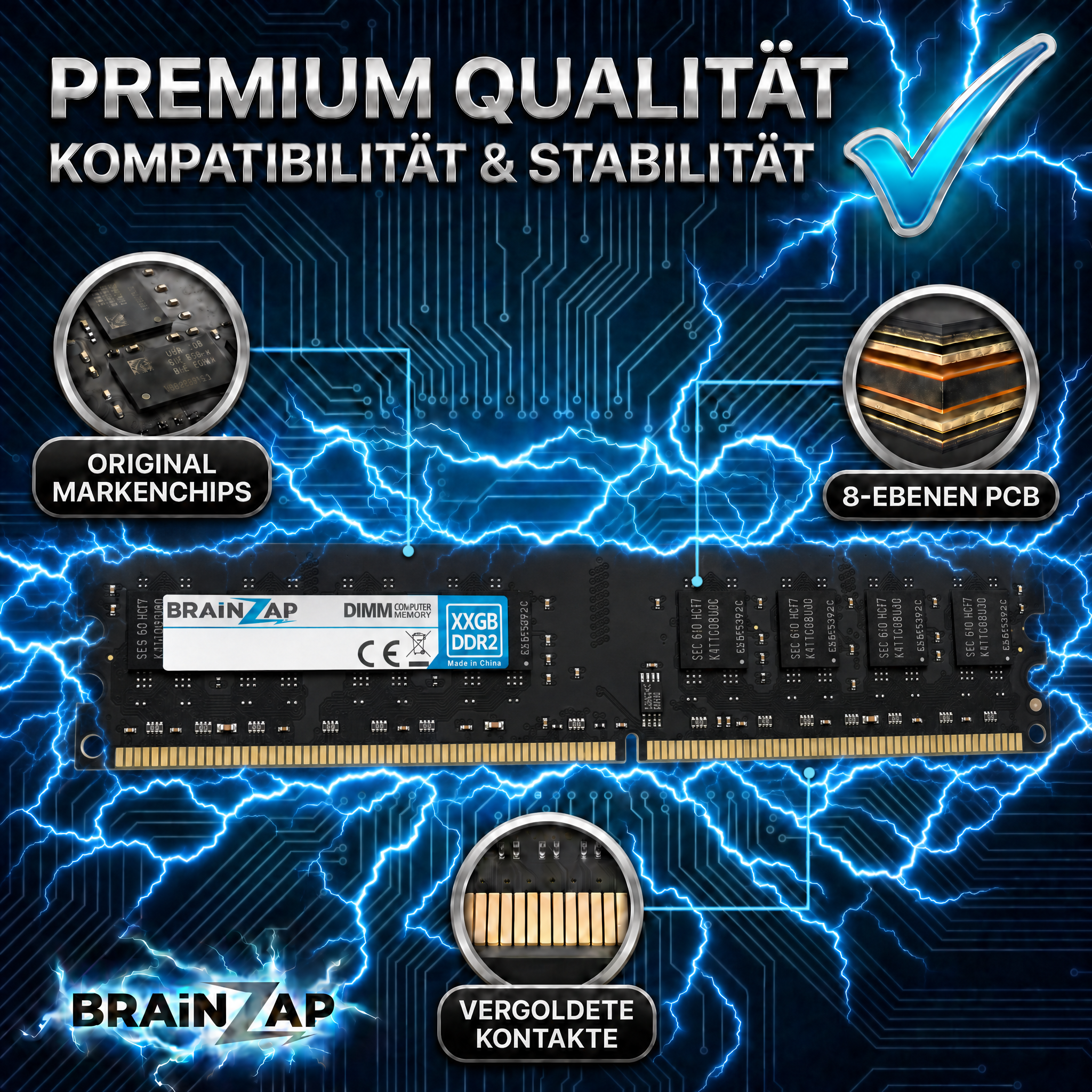 DDR2-RAM-Modul mit Markenchips, 8-Ebenen-PCB und vergoldeten Kontakten auf blauem Hintergrund mit Blitzen.