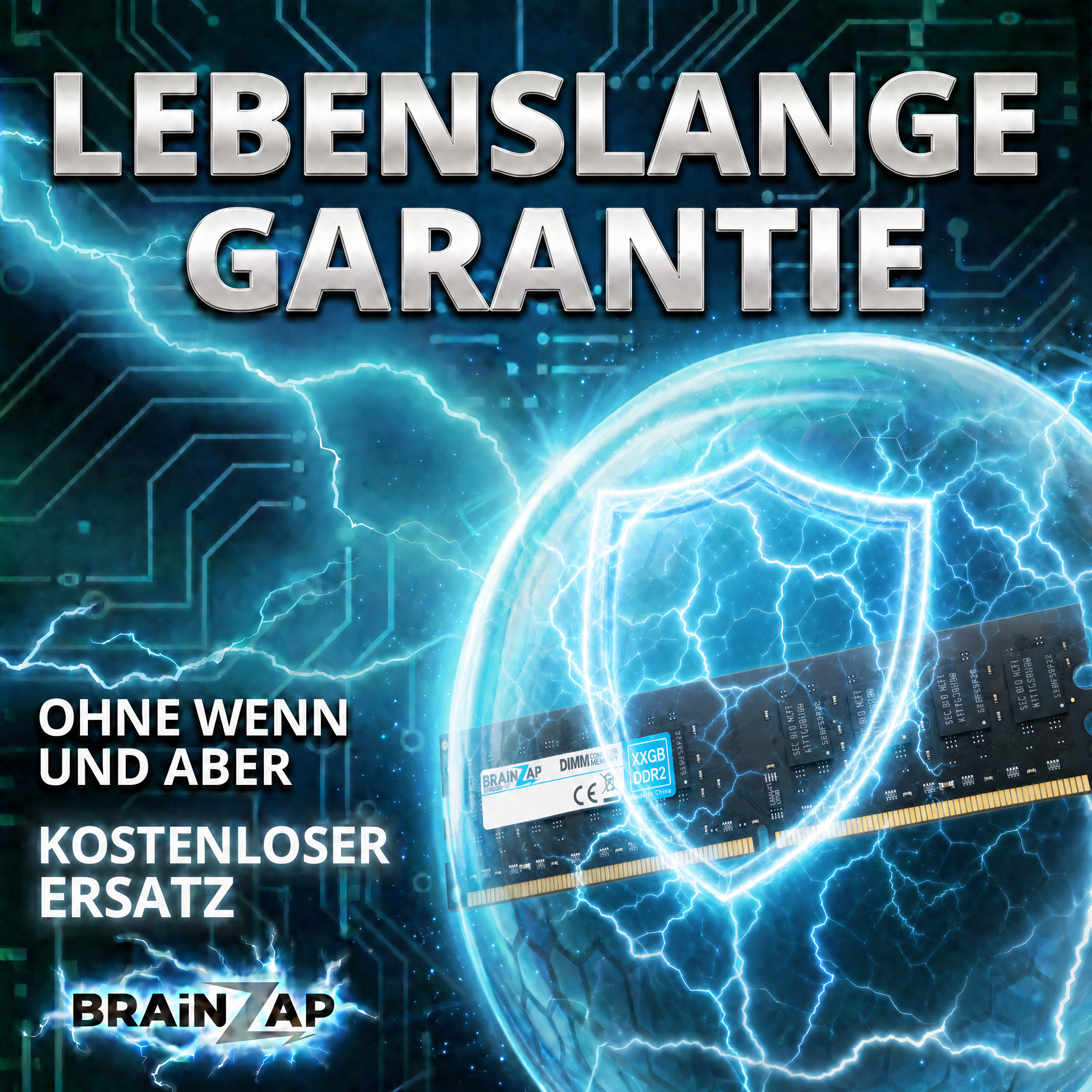 RAM-Speicherkarte im Schutzschild mit Blitzen auf blauem Leiterplatten-Hintergrund und Text.