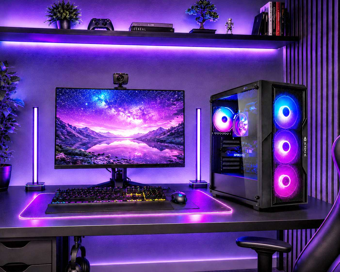Ein beleuchteter Gaming-PC-Arbeitsplatz mit Monitor, Tastatur und violettem LED-Licht.