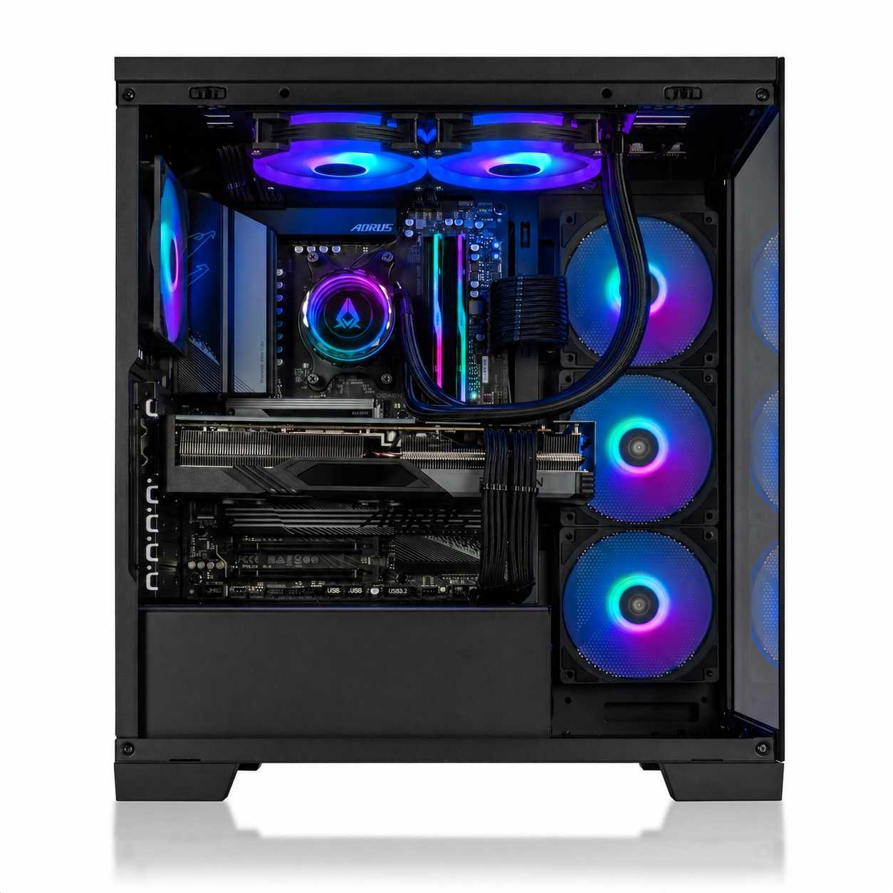 PC-Gehäuse mit Wasserkühlung, beleuchteten Lüftern, Grafikkarte und Mainboard.