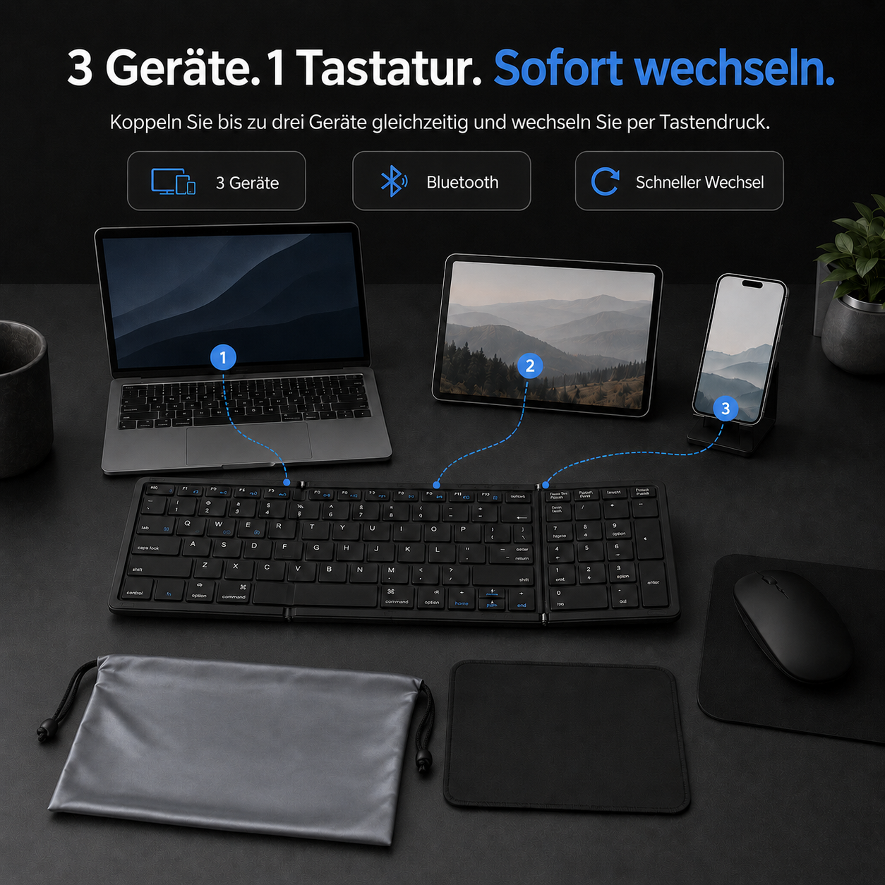 Eine schwarze Bluetooth-Tastatur verbindet sich gleichzeitig mit einem Laptop, einem Tablet und einem Smartphone.