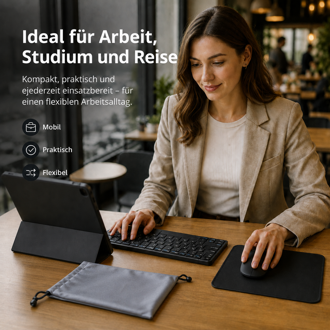Eine Frau tippt auf einer tragbaren Tastatur mit Tablet, Maus und deutschem Text.