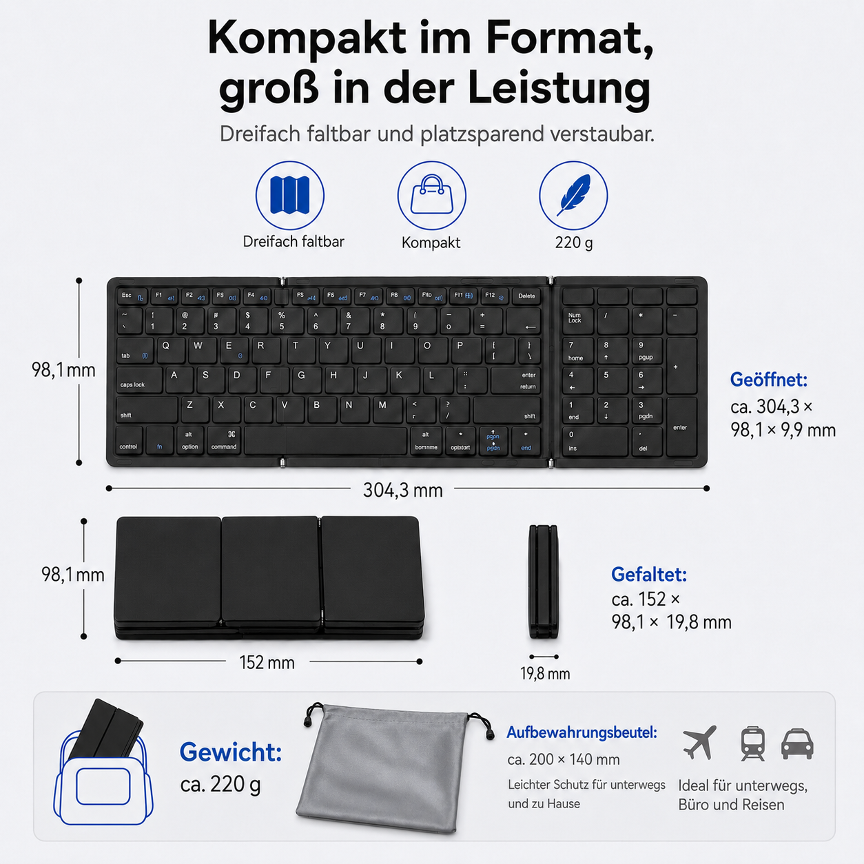 Infografik über eine faltbare, schwarze Tastatur mit Maßen, Icons und einer Tragetasche.
