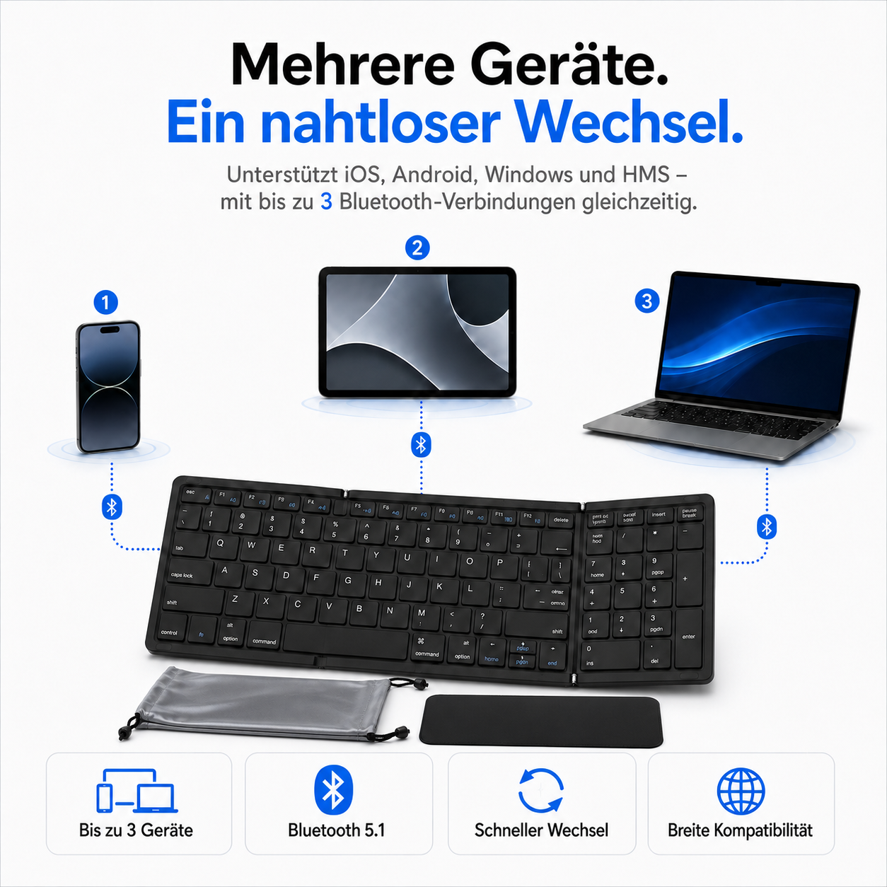 Eine schwarze Falt-Tastatur verbindet sich drahtlos über Bluetooth mit Smartphone, Tablet und Laptop.