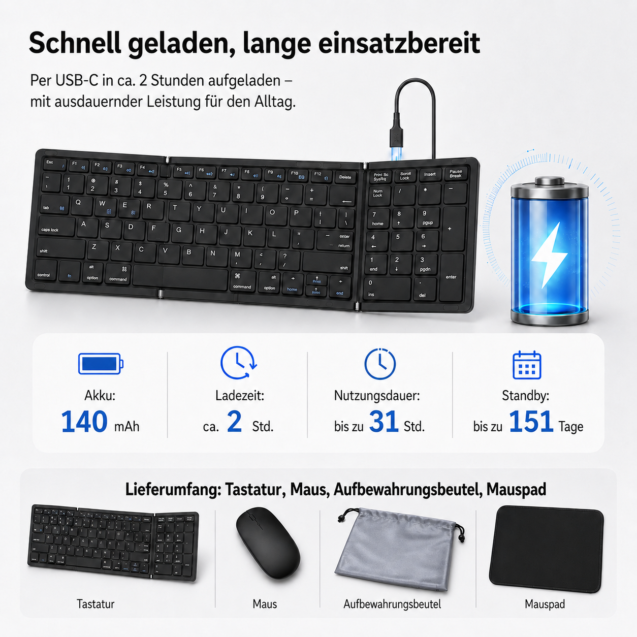 Produktübersicht einer faltbaren Tastatur mit Akku-Details, Ladezeit, Standby und Lieferumfang mit Maus und Beutel.