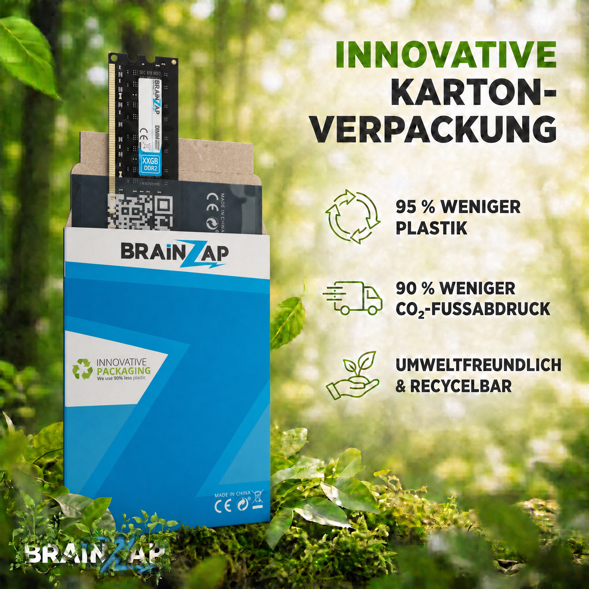 Brainzap-RAM-Kartenverpackung in grünem Wald mit Icons für Plastikreduktion, CO2-Ersparnis und Recycling.