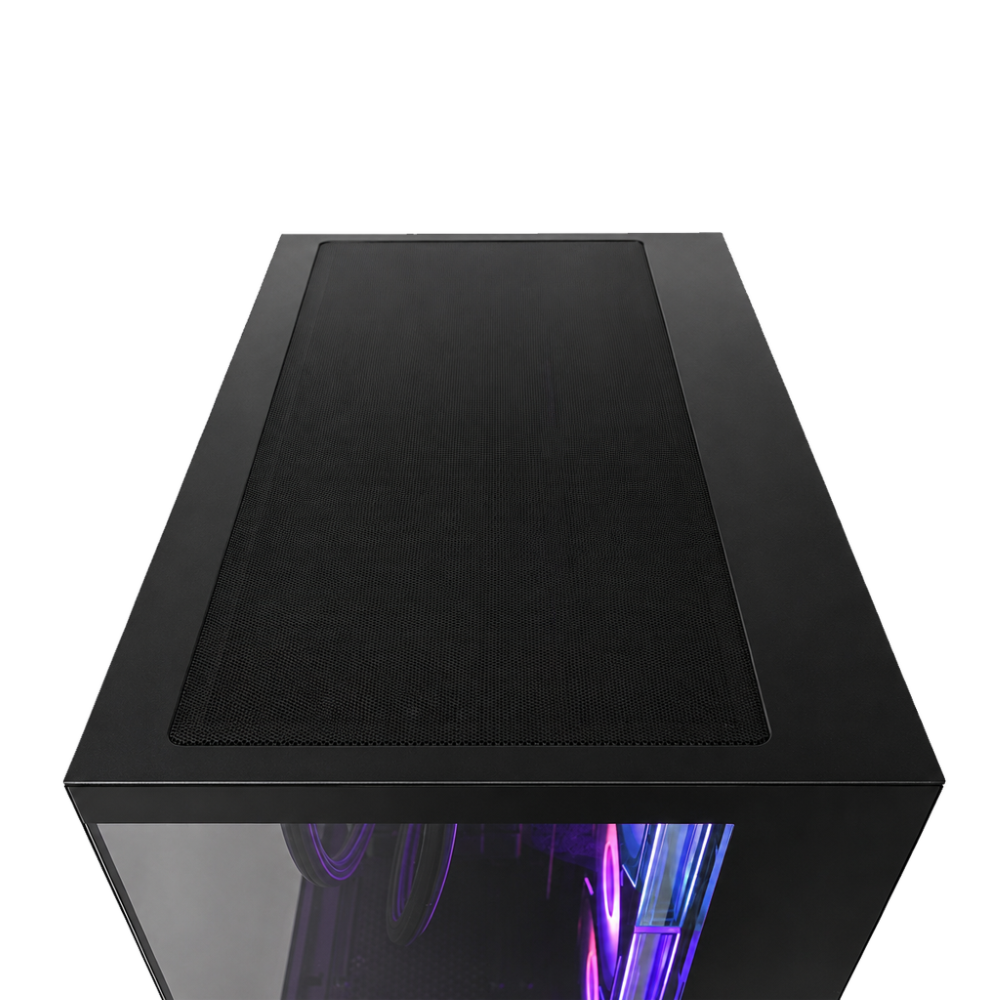 Oberseite eines schwarzen PC-Gehäuses mit Mesh-Gitter und violettem Innenlicht.