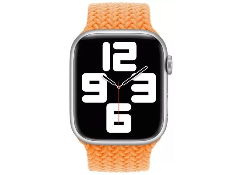 A silver smartwatch with an orange fabric band and a large digital clock face.