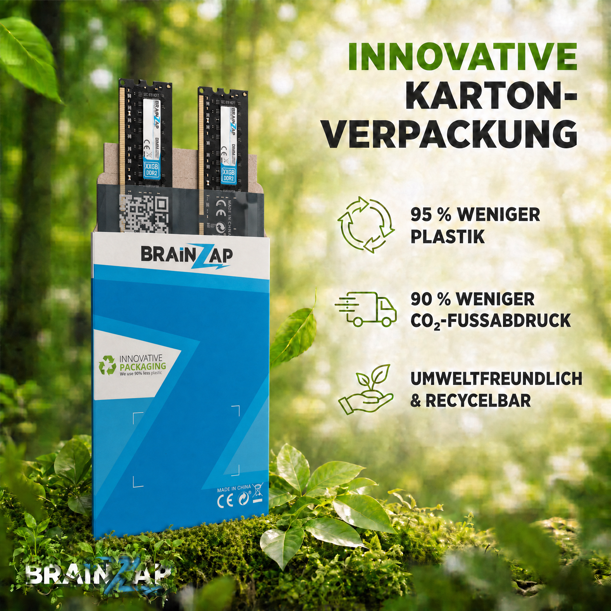 Brain-Zap-RAM-Kartonverpackung in einem grünen Wald mit Icons für Nachhaltigkeit.