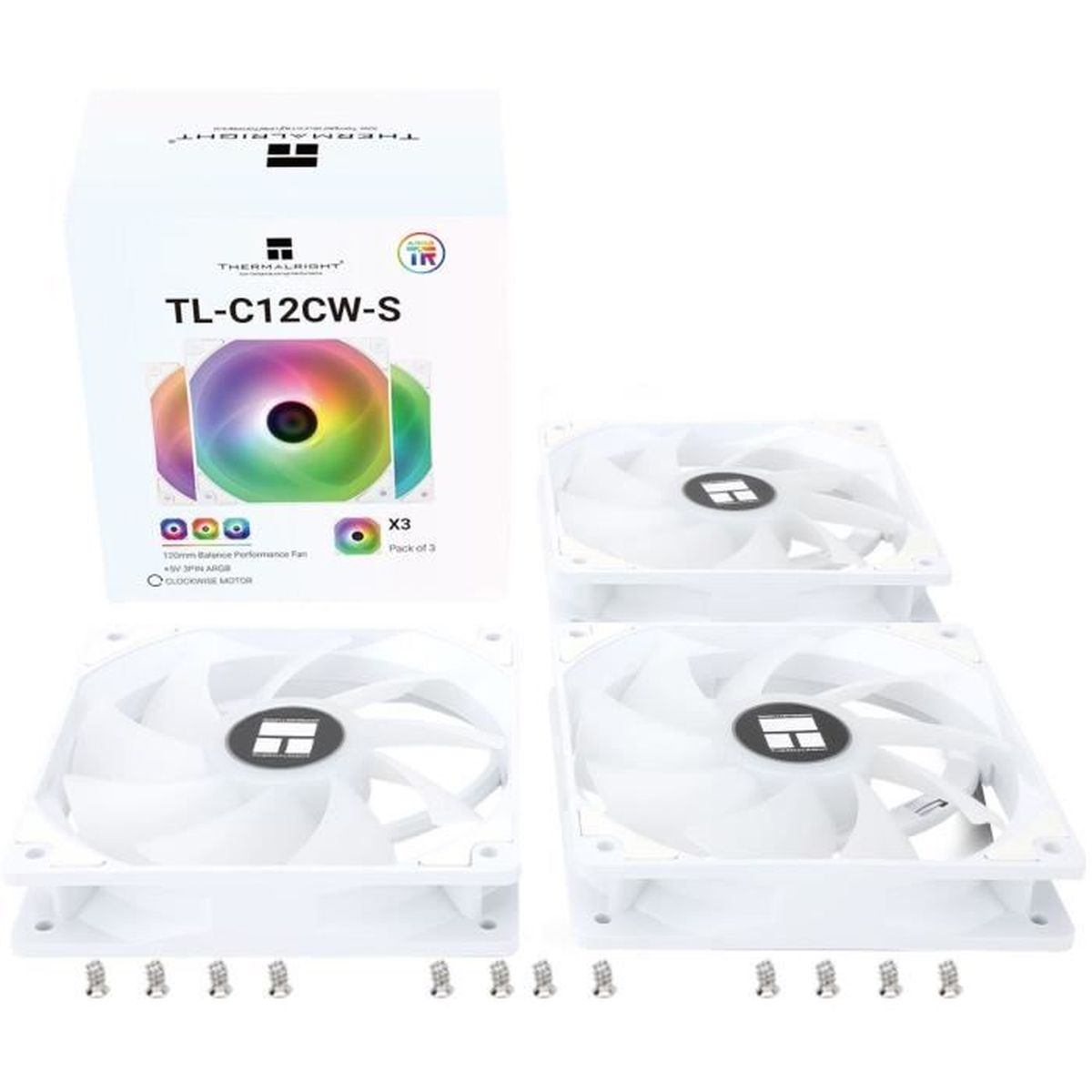 Drei weiße PC-Lüfter, ihre Produktbox mit bunter ARGB-Grafik und Befestigungsschrauben.