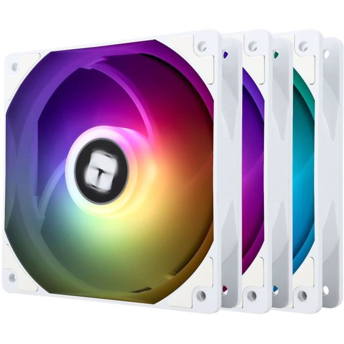 Vier weiße PC-Lüfter mit lebendiger RGB-Beleuchtung hintereinander aufgereiht.