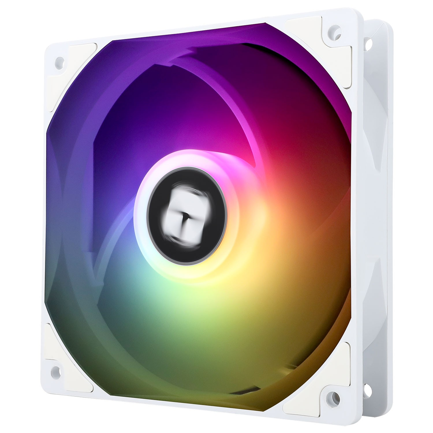 Ein weißer Computerlüfter mit lebendiger, mehrfarbiger RGB-Beleuchtung auf den Blättern und dem zentralen Ring.