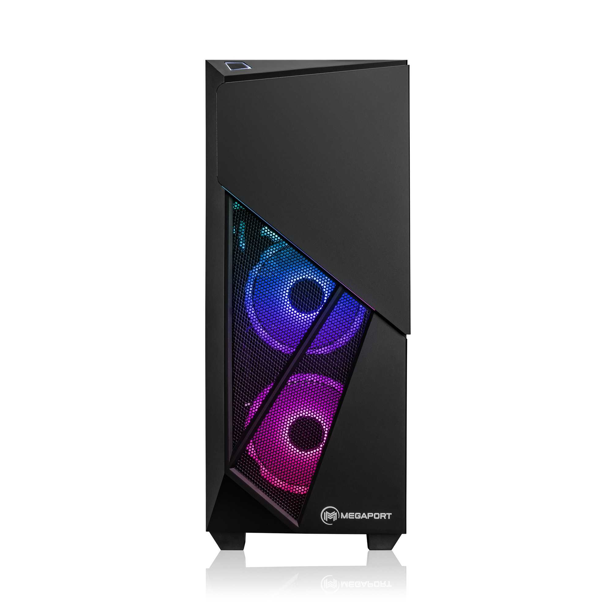 Schwarzes Megaport PC-Gehäuse mit geometrischer Mesh-Front und blau-violett beleuchteten Lüftern auf weißem Grund.