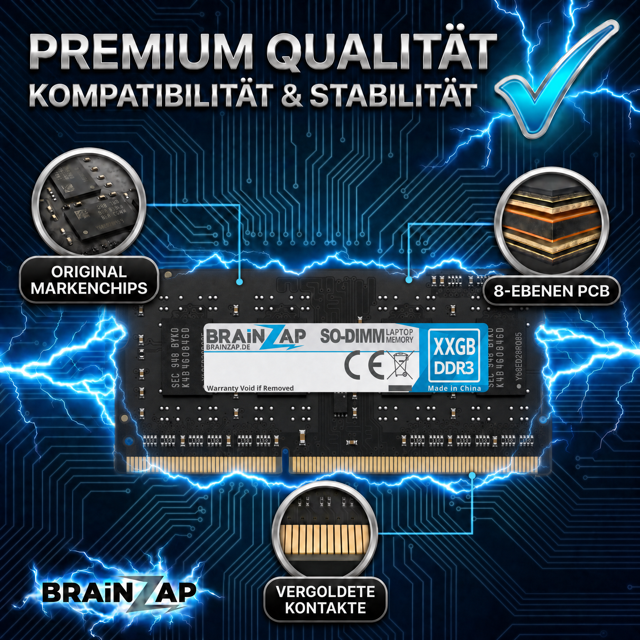 DDR3 RAM Modul auf blauem Hintergrund mit Blitzen, das Markenchips, vergoldete Kontakte und 8-Ebenen-PCB zeigt.