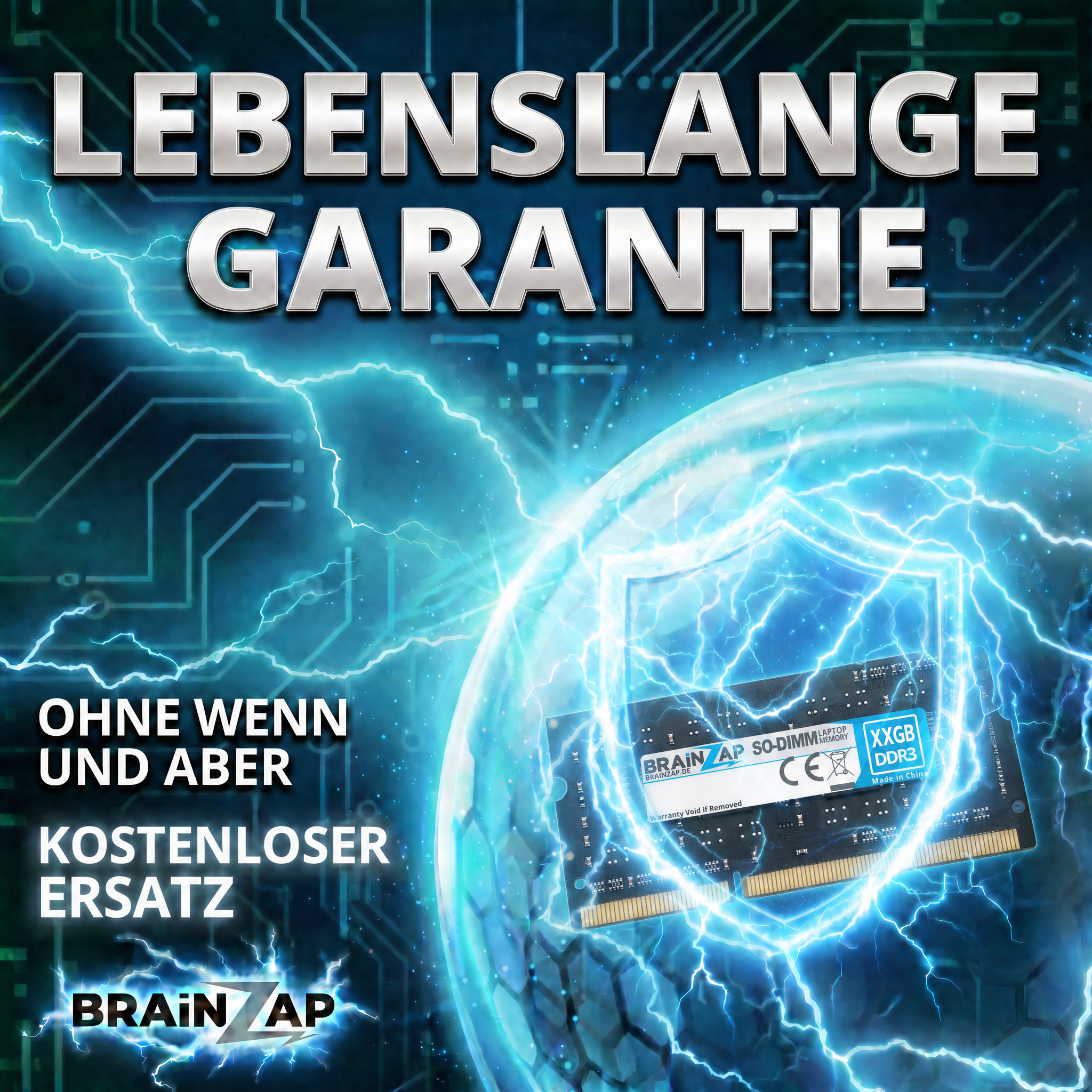 Eine RAM-Speicherkarte im blauen Energiefeld mit Text zu lebenslanger Garantie.