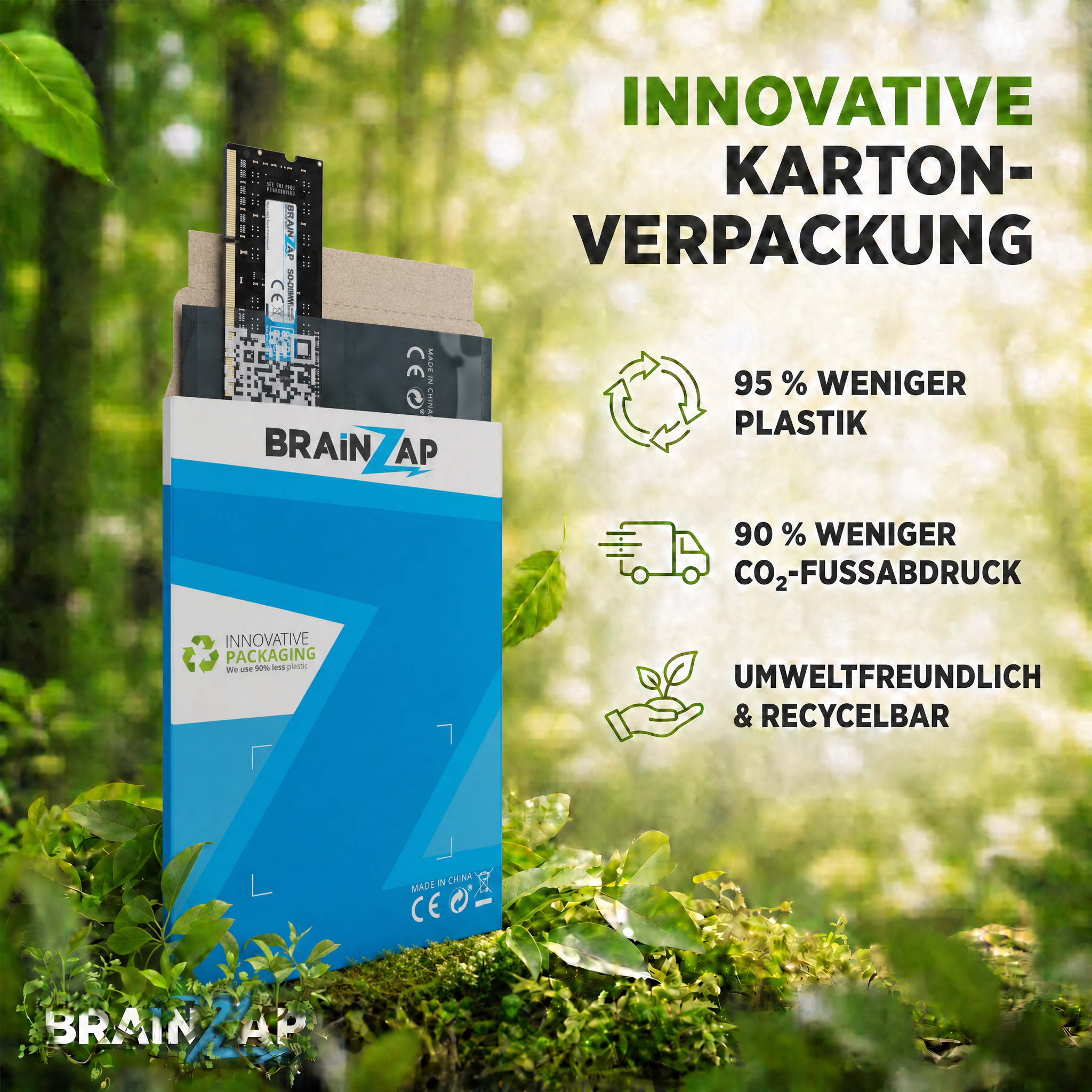 RAM-Speicher in umweltfreundlicher Kartonverpackung vor einem waldigen Hintergrund mit Text.