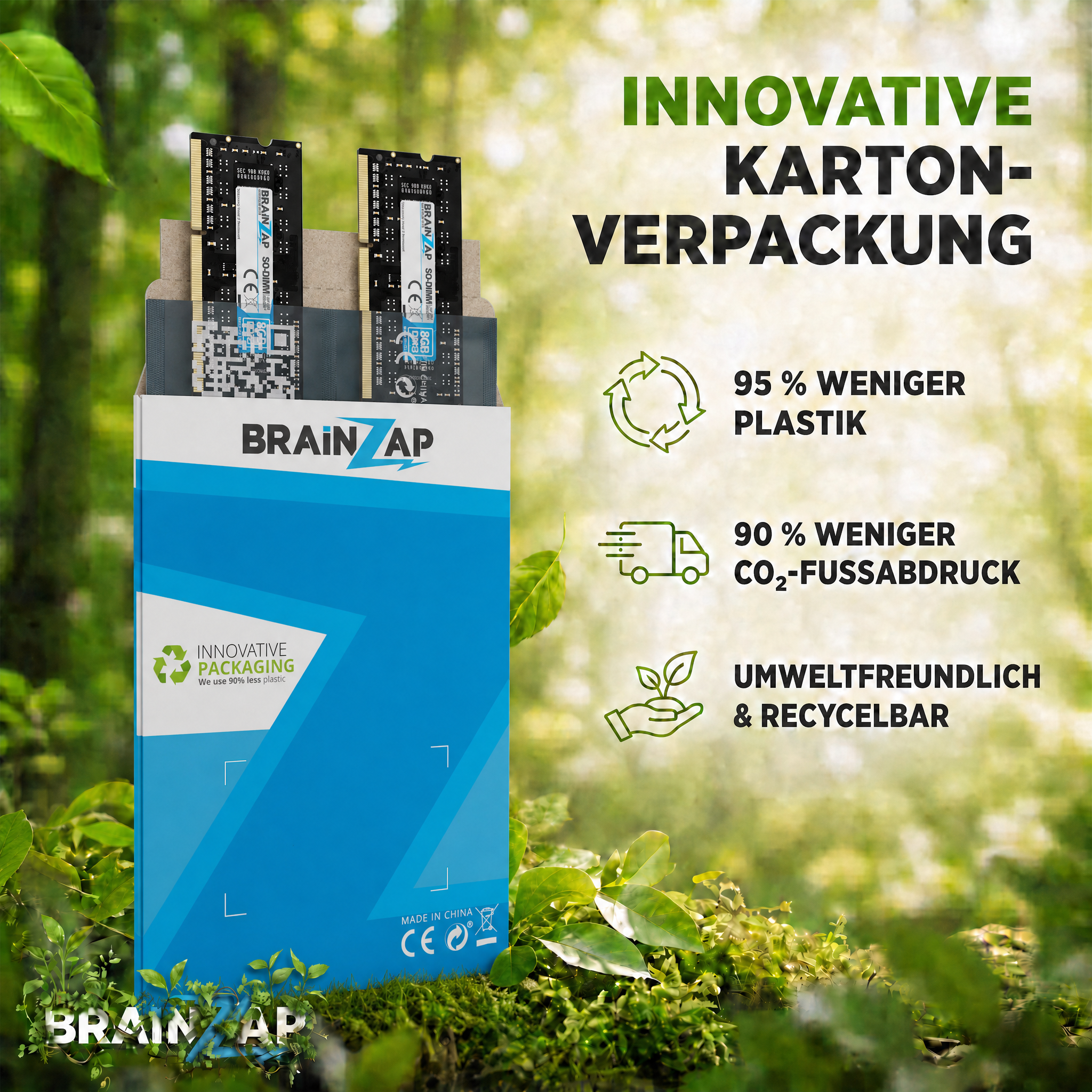 RAM-Module in umweltfreundlicher Kartonverpackung vor Wald-Hintergrund mit Text zur Nachhaltigkeit.