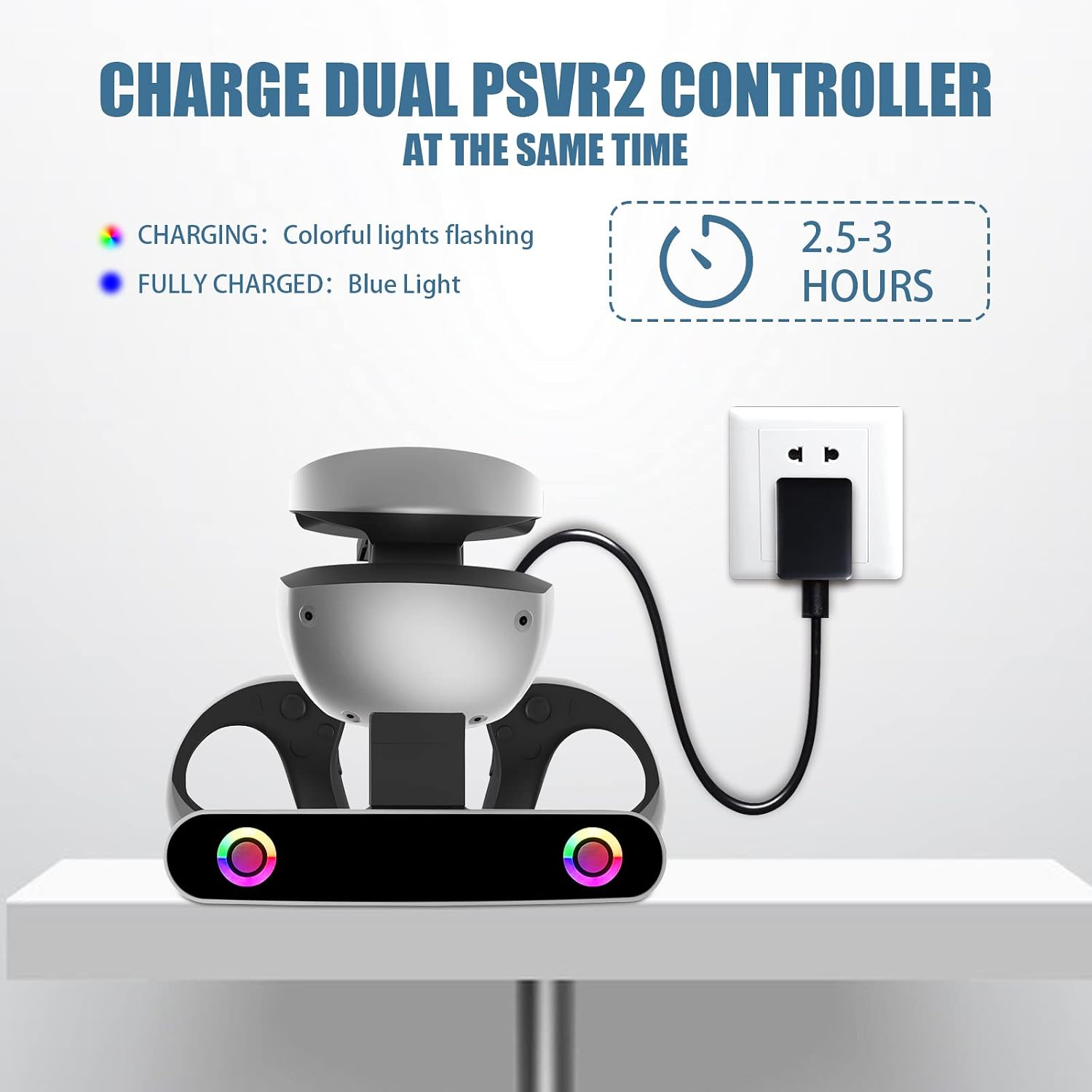 PSVR2 Dual-Ladestation auf weißem Tisch zeigt Ladezeiten und Lichter.