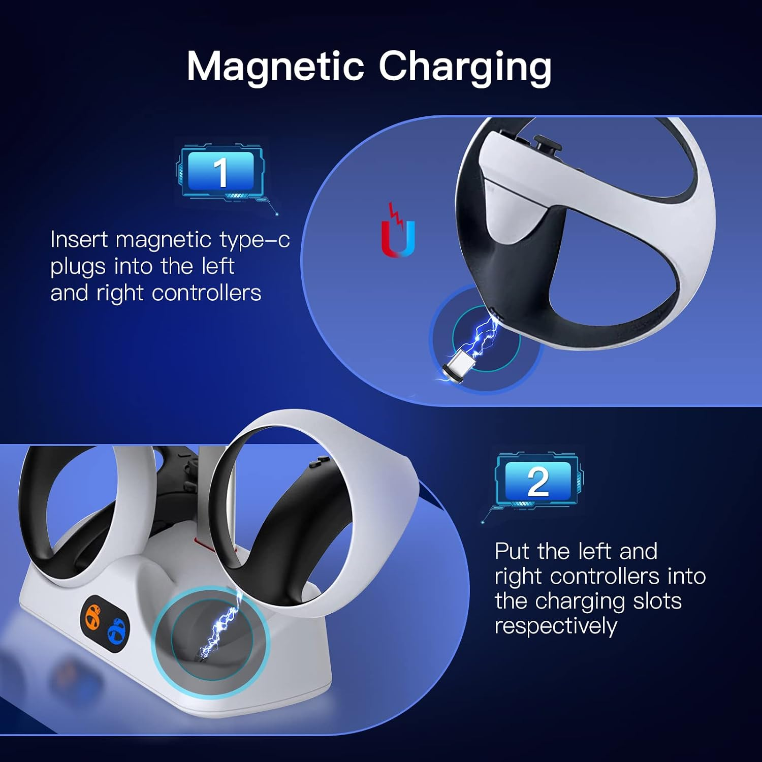 Anleitung zur magnetischen Aufladung von VR-Controllern mit Steckern und Ladestation.