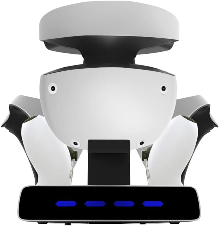 Weißes VR-Headset auf einer schwarzen Ladestation mit vier blauen Leuchten.