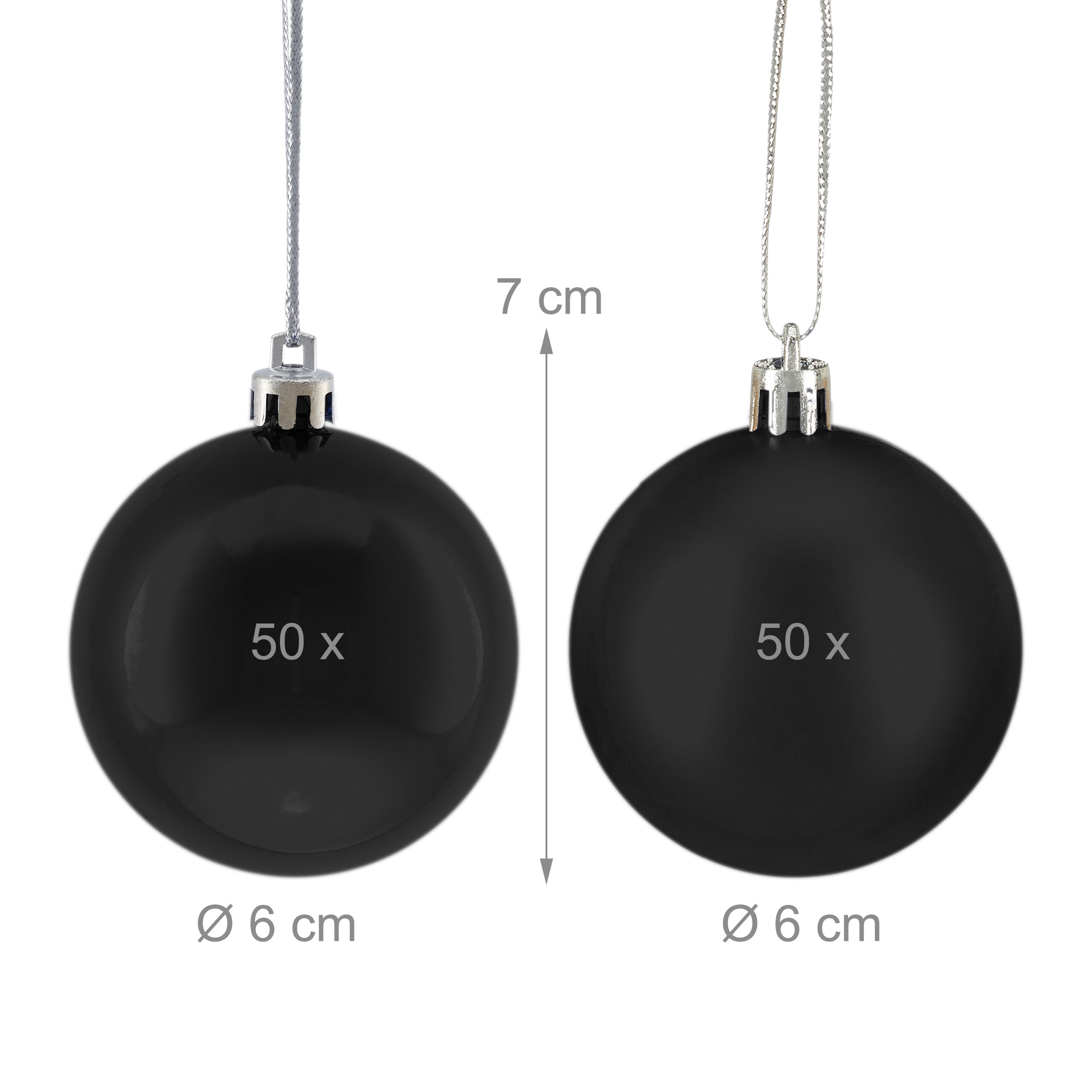 Zwei schwarze Weihnachtskugeln mit Silberkappen, beschriftet mit 50x, 6 cm Durchmesser und 7 cm Höhenangabe.