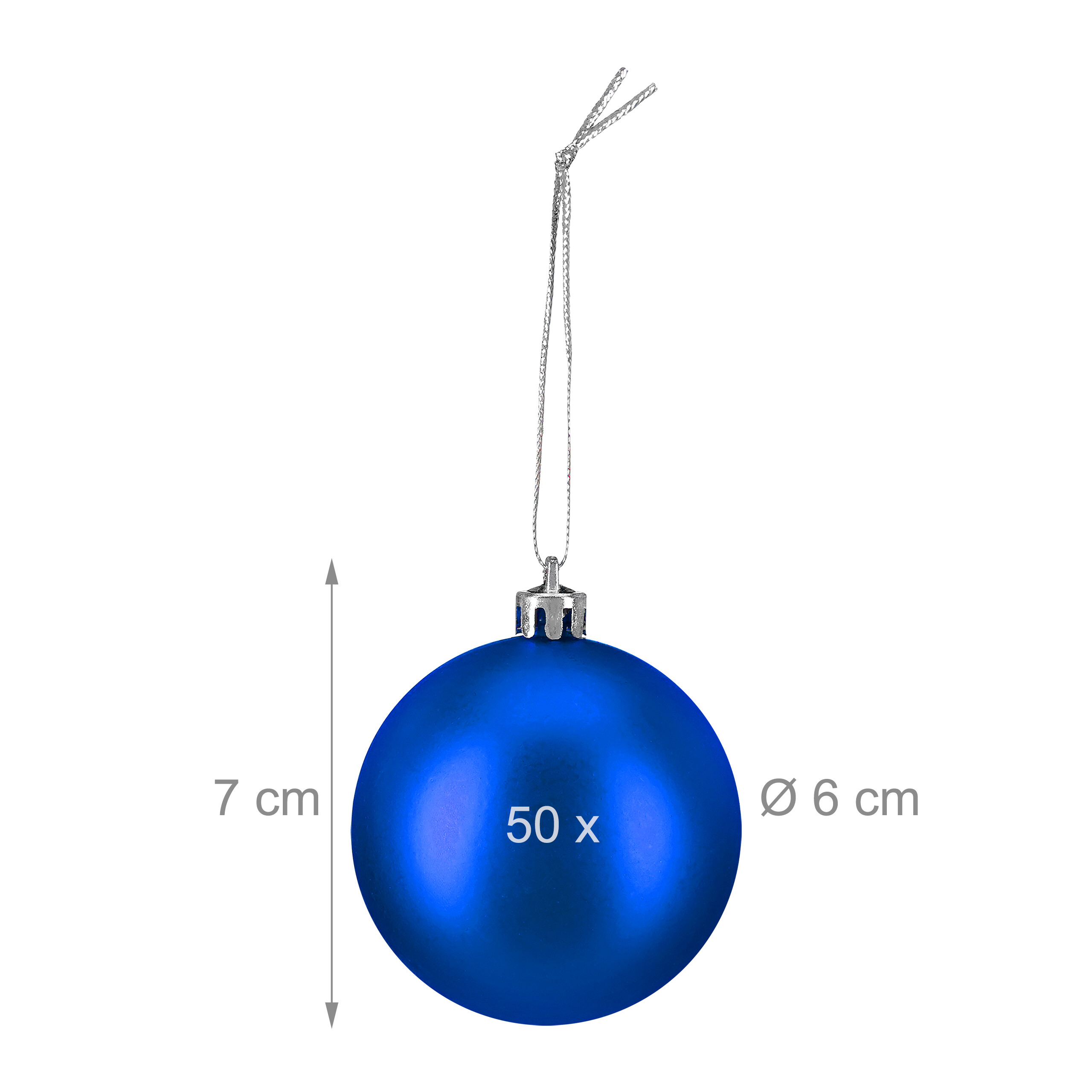 Blaue Weihnachtskugel mit 6cm Durchmesser und 7cm Höhe. Text 50x ist aufgedruckt.