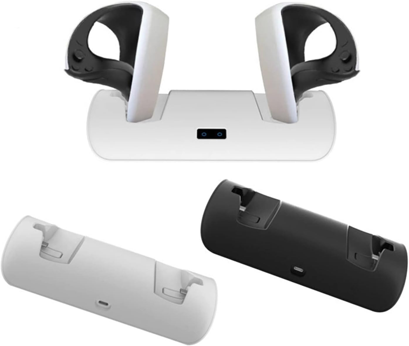 Eine weiße Ladestation mit zwei VR-Controllern über zwei separaten Ladestationen in Weiß und Schwarz.