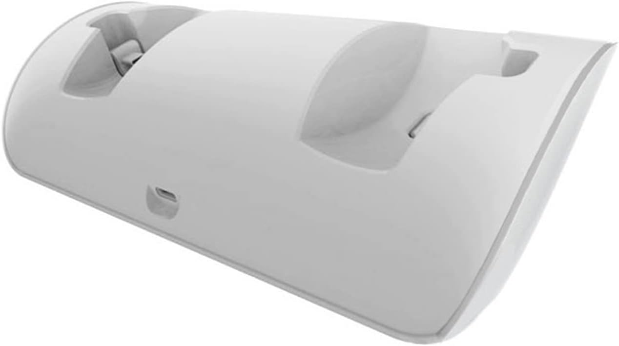 Eine weiße, ergonomisch geformte Ladestation mit zwei Vertiefungen und USB-C-Anschluss auf einem weißen Hintergrund.