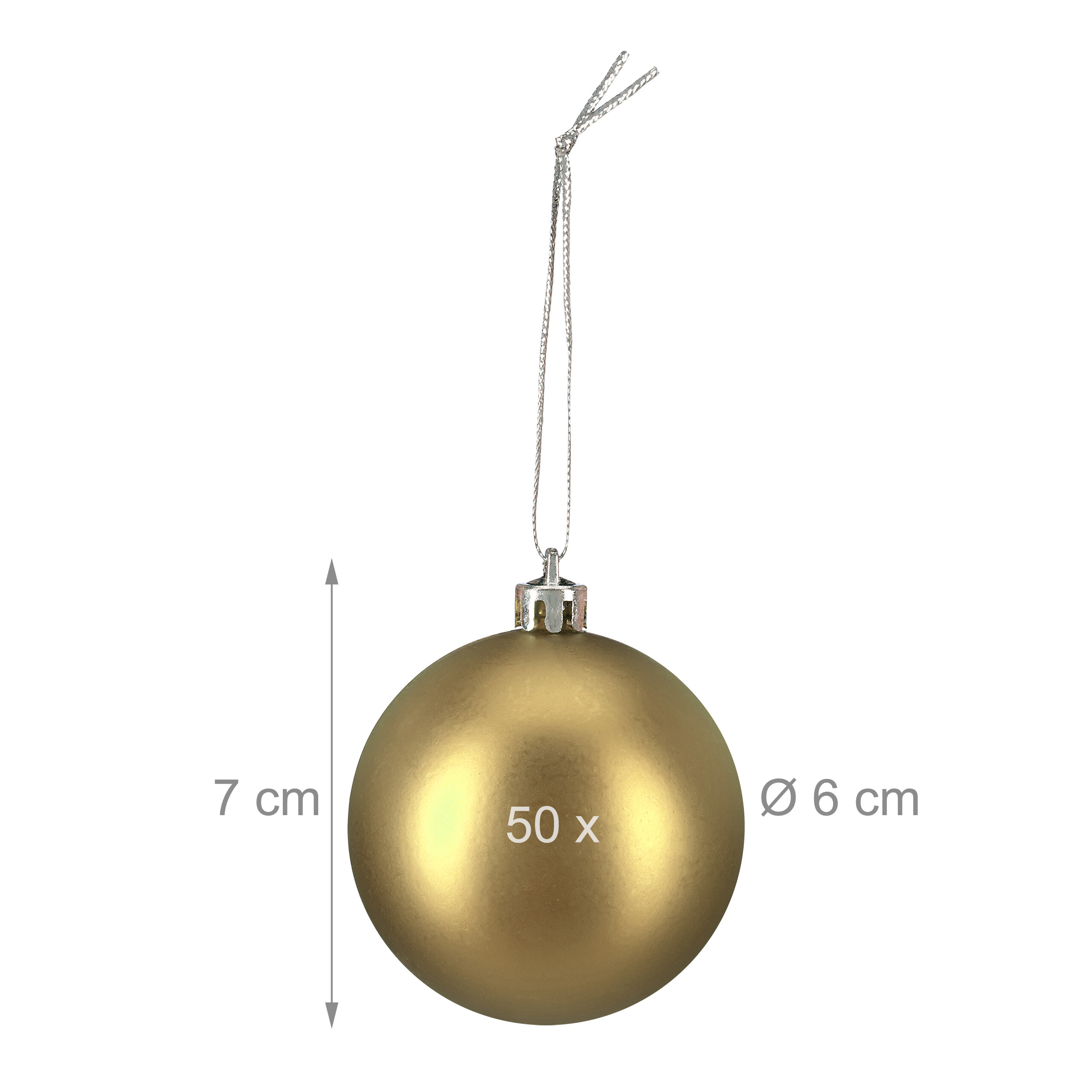 Goldene Weihnachtskugel mit 7 cm Höhe, 6 cm Durchmesser, silberner Kappe und Schnur, in der Mitte 50x beschriftet.