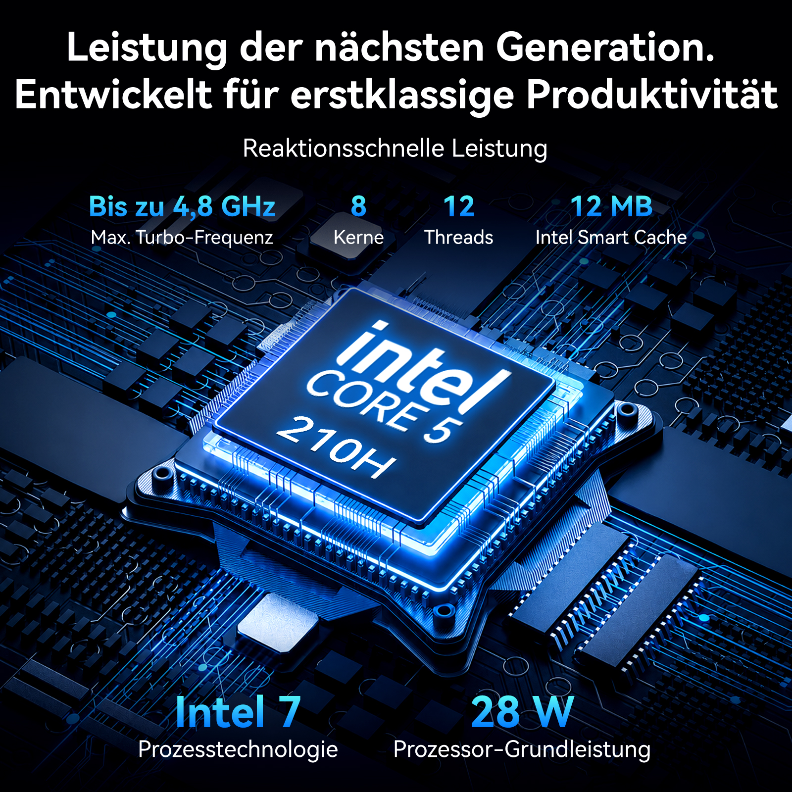 Intel Core 5 210H Prozessor auf einer blauen Leiterplatte mit technischen Spezifikationen.