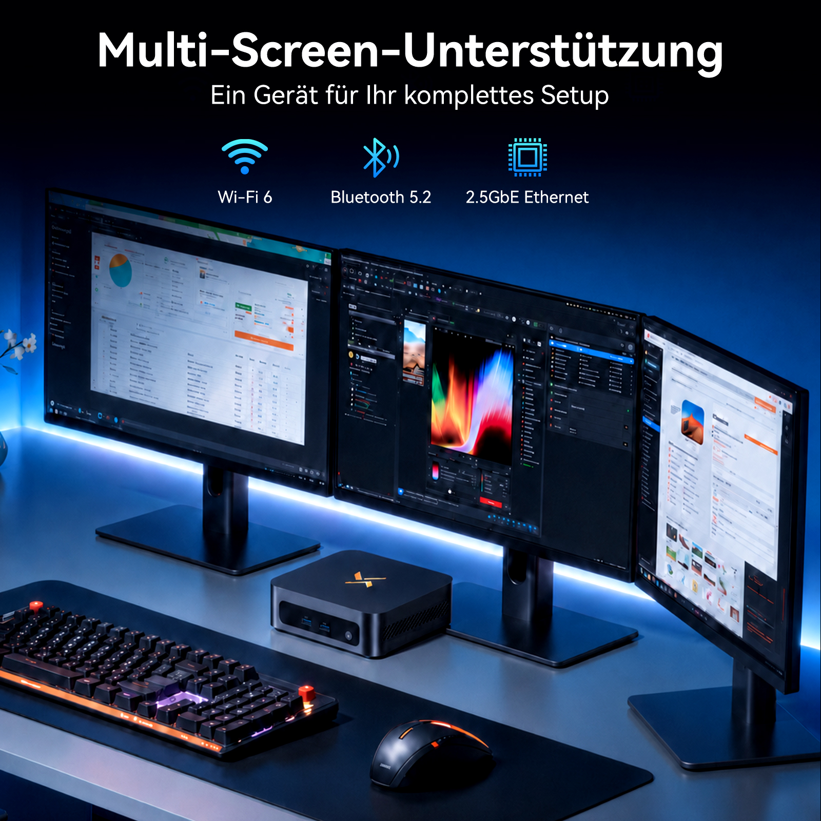 Ein Schreibtisch mit drei Monitoren, Tastatur, Maus und Mini-PC, mit Multi-Screen-Support, Wi-Fi 6 und Bluetooth.