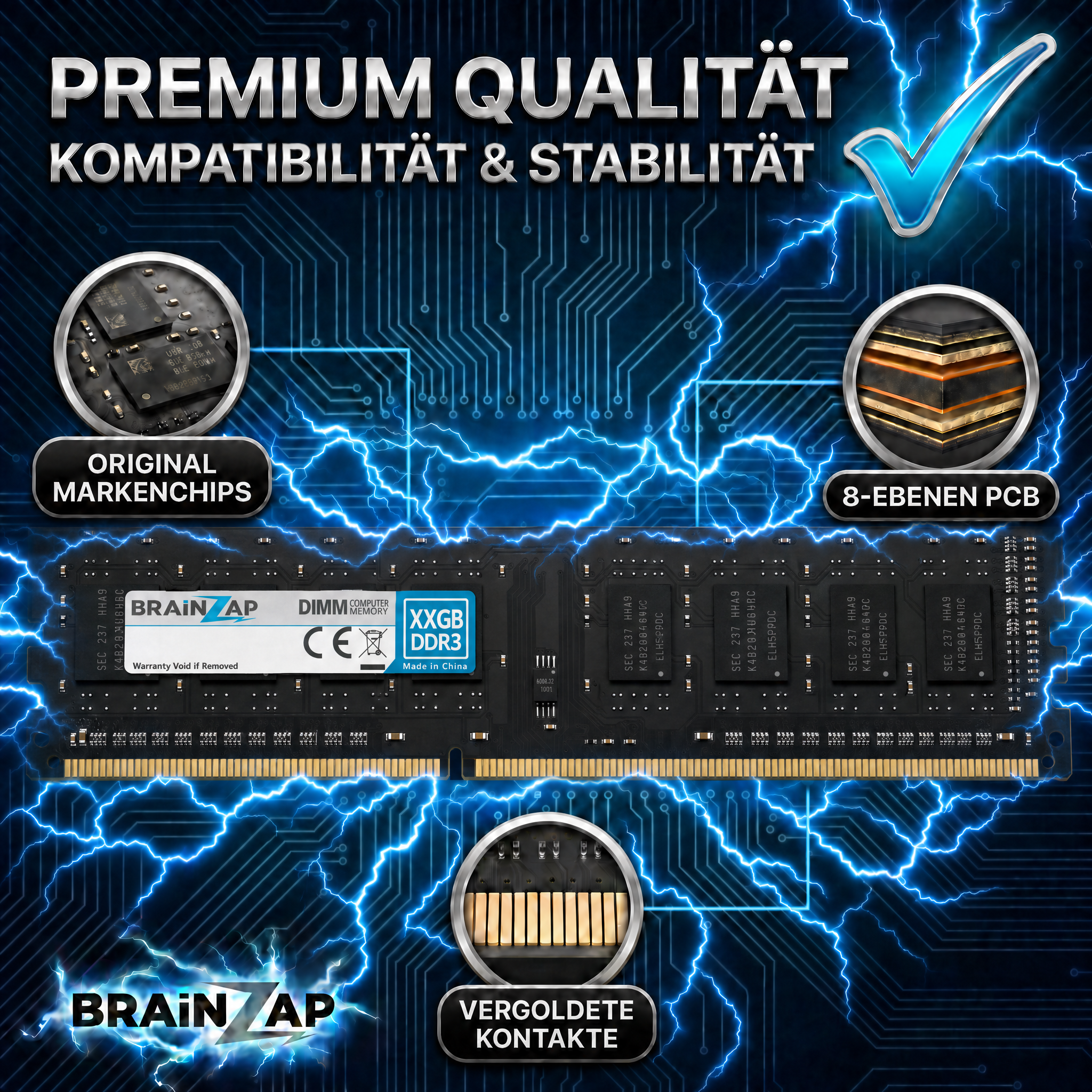 DDR3 RAM Modul von Brainzap auf blauem Stromkreis Hintergrund mit Detailaufnahmen.