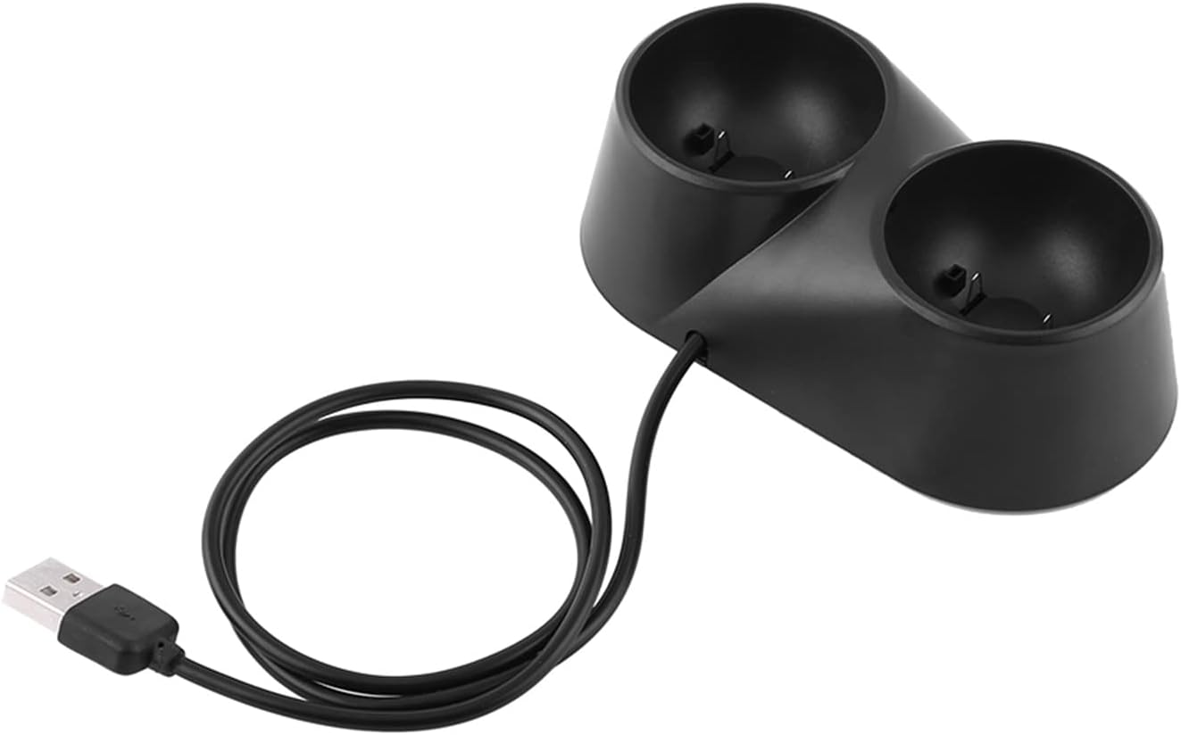 Eine schwarze Doppel-Ladestation mit einem USB-Kabel vor weißem Hintergrund.