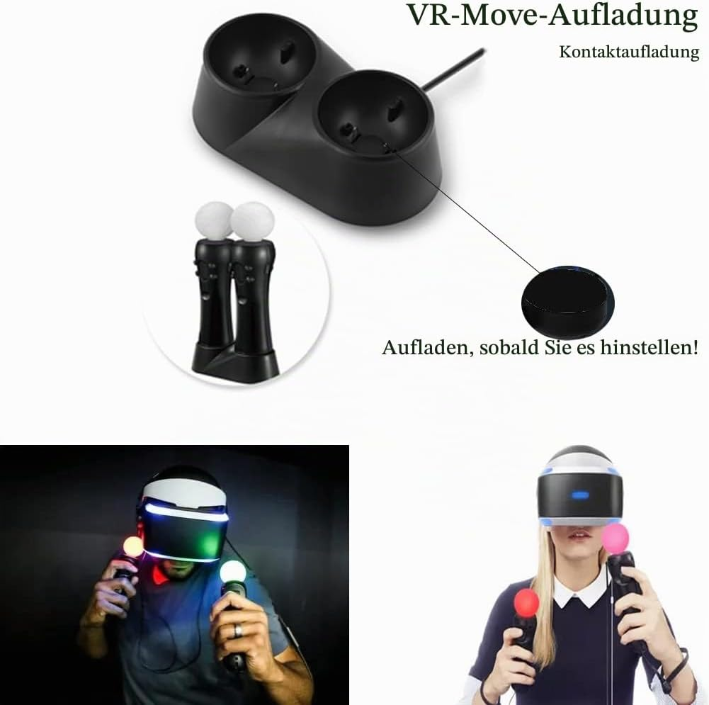 Schwarze VR-Move-Ladestation mit zwei Steckplätzen und Personen mit VR-Brillen und Controllern.