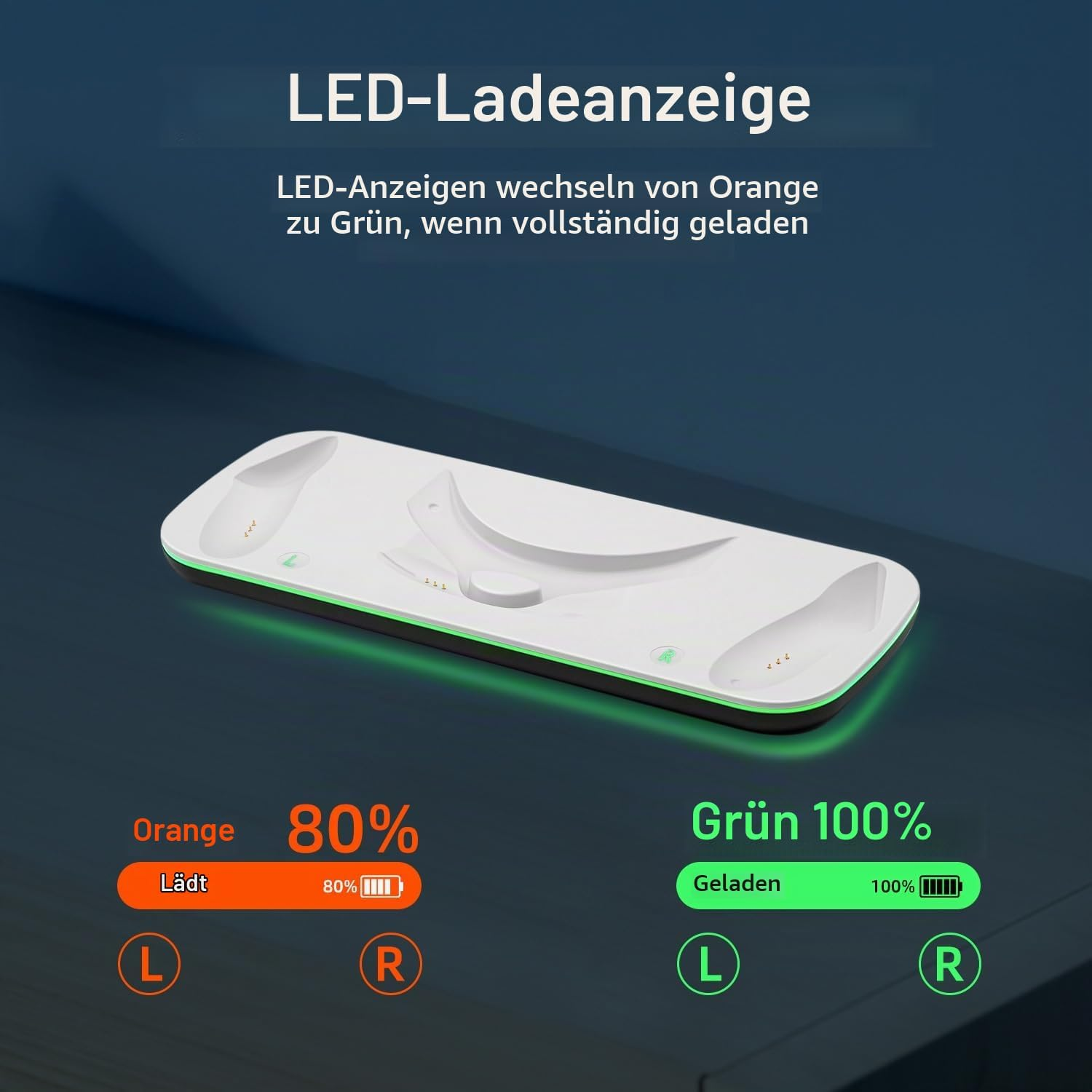 Weiße Ladestation mit grüner LED-Unterbodenbeleuchtung erklärt den Ladestatus von orange (Lädt) zu grün (Geladen).