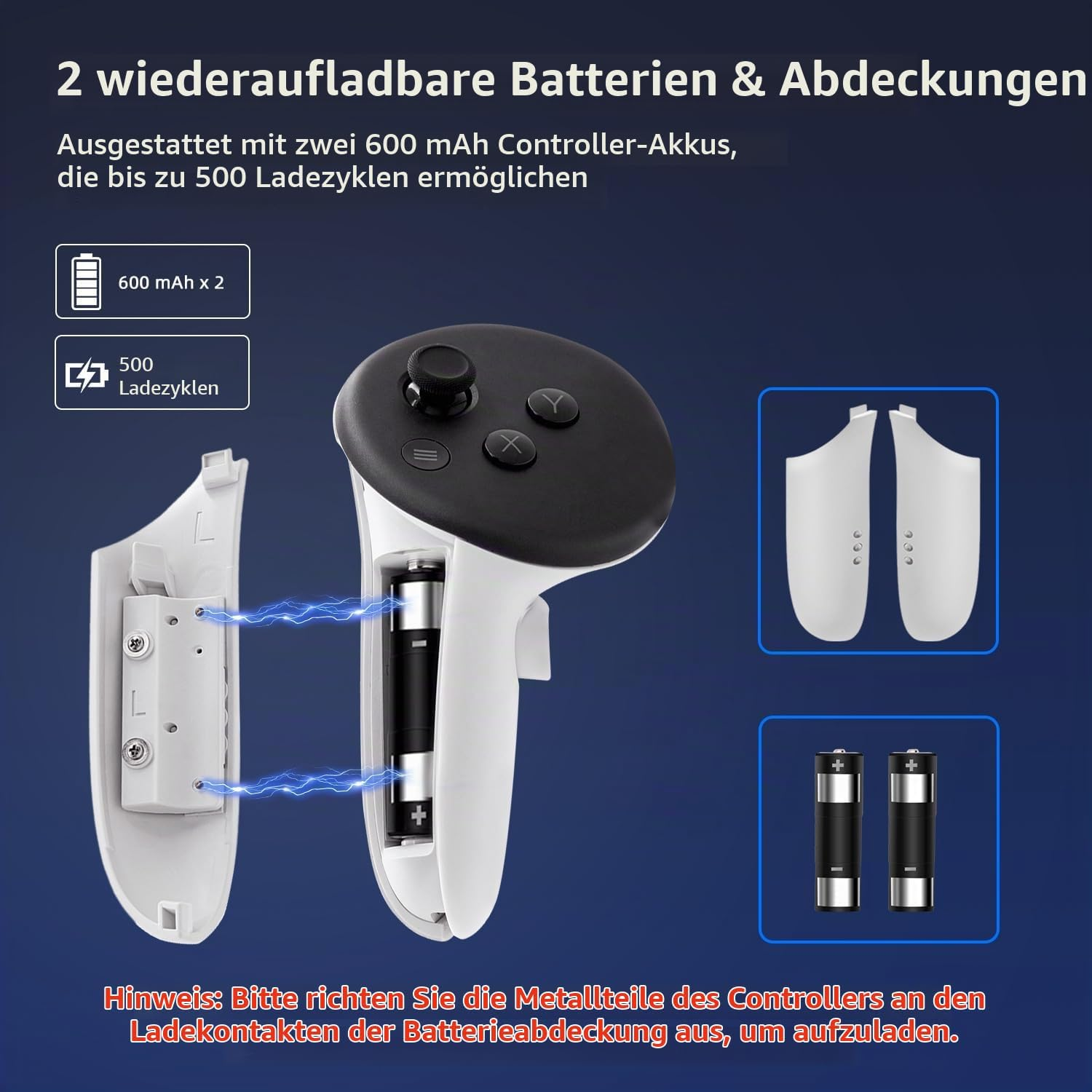 VR-Controller mit wiederaufladbaren Batterien und Abdeckungen für bis zu 500 Ladezyklen.