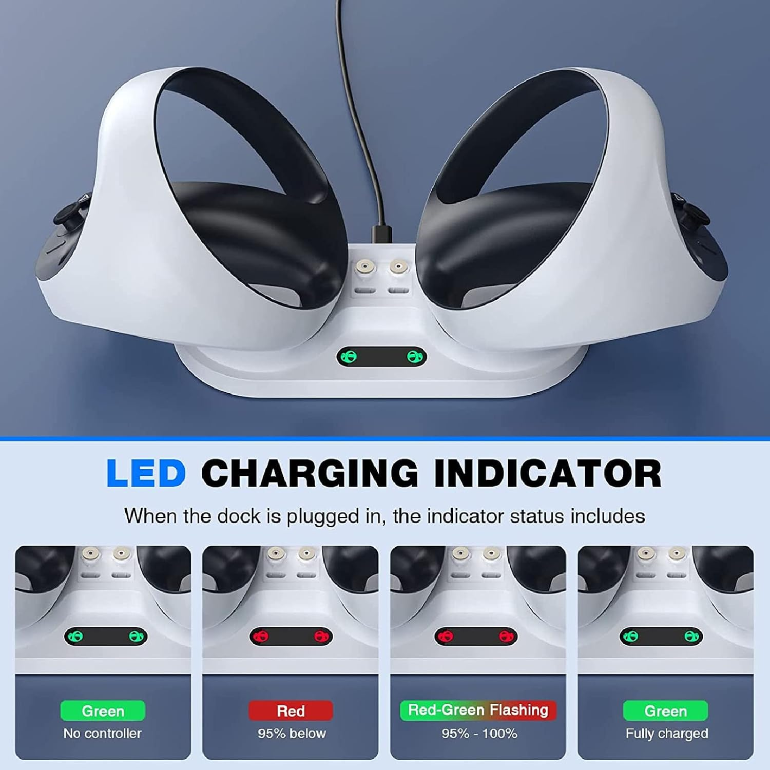 Weiße VR-Controller auf einer Ladestation mit LED-Anzeigelichtern unten.