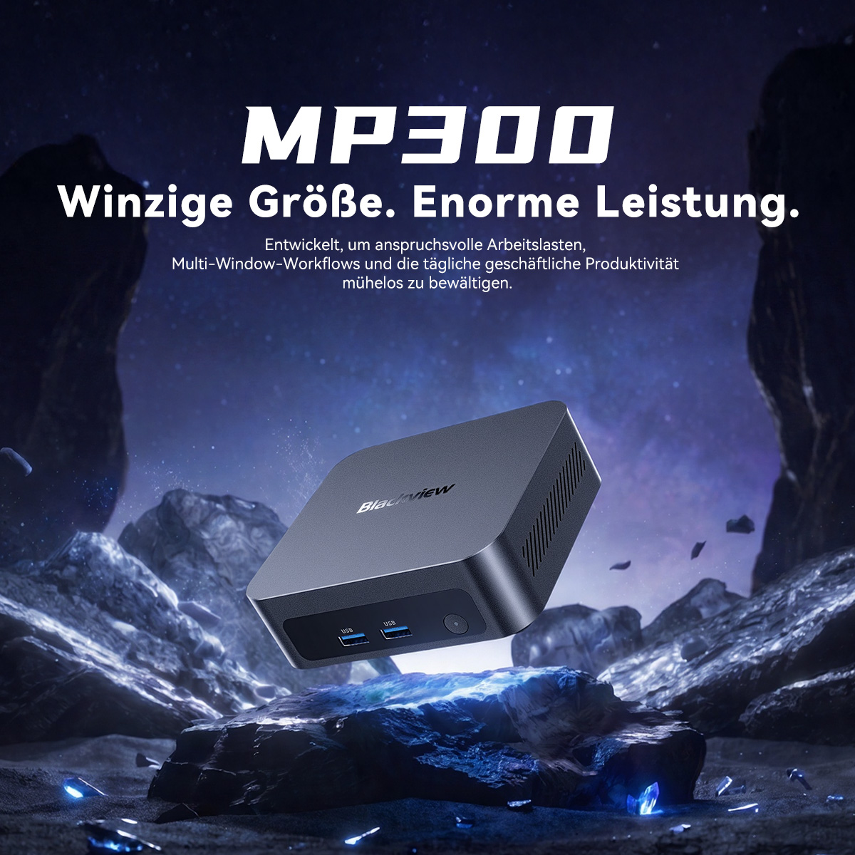 Ein Blackview MP300 Mini-PC schwebt in einer steinigen, bläulichen Welt mit Werbetexten.