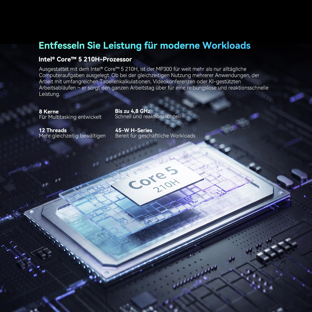 Intel Core 5 210H Prozessor auf einer dunklen Platine mit technischen Spezifikationen.