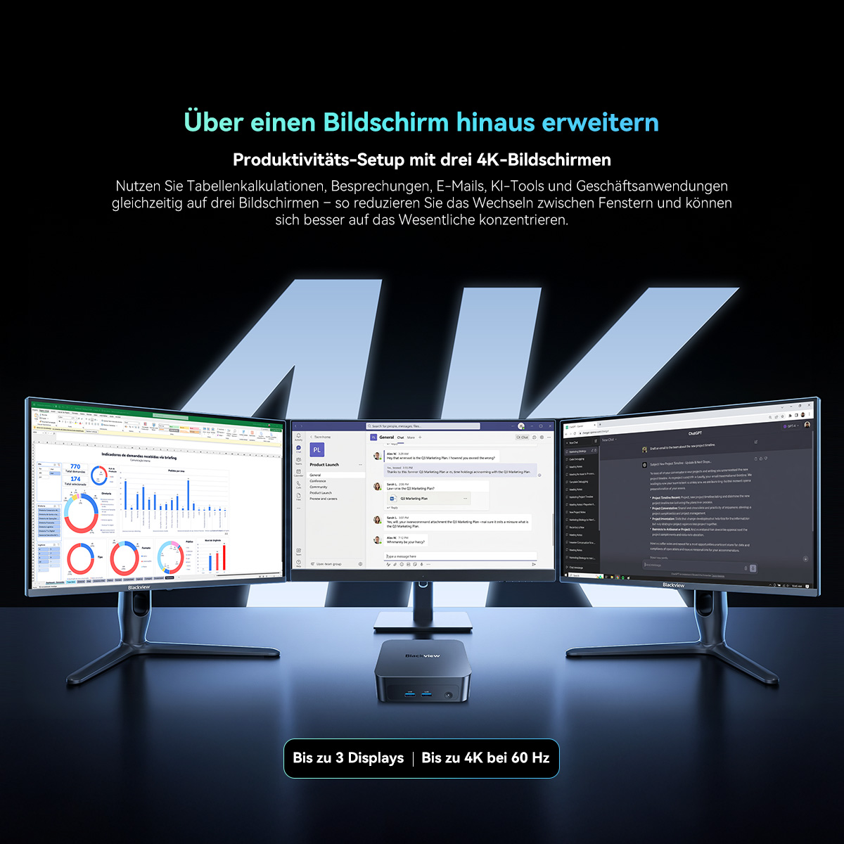 Ein Drei-Bildschirm-Setup mit Blackview-Monitoren und einem Mini-PC auf schwarzem Hintergrund.