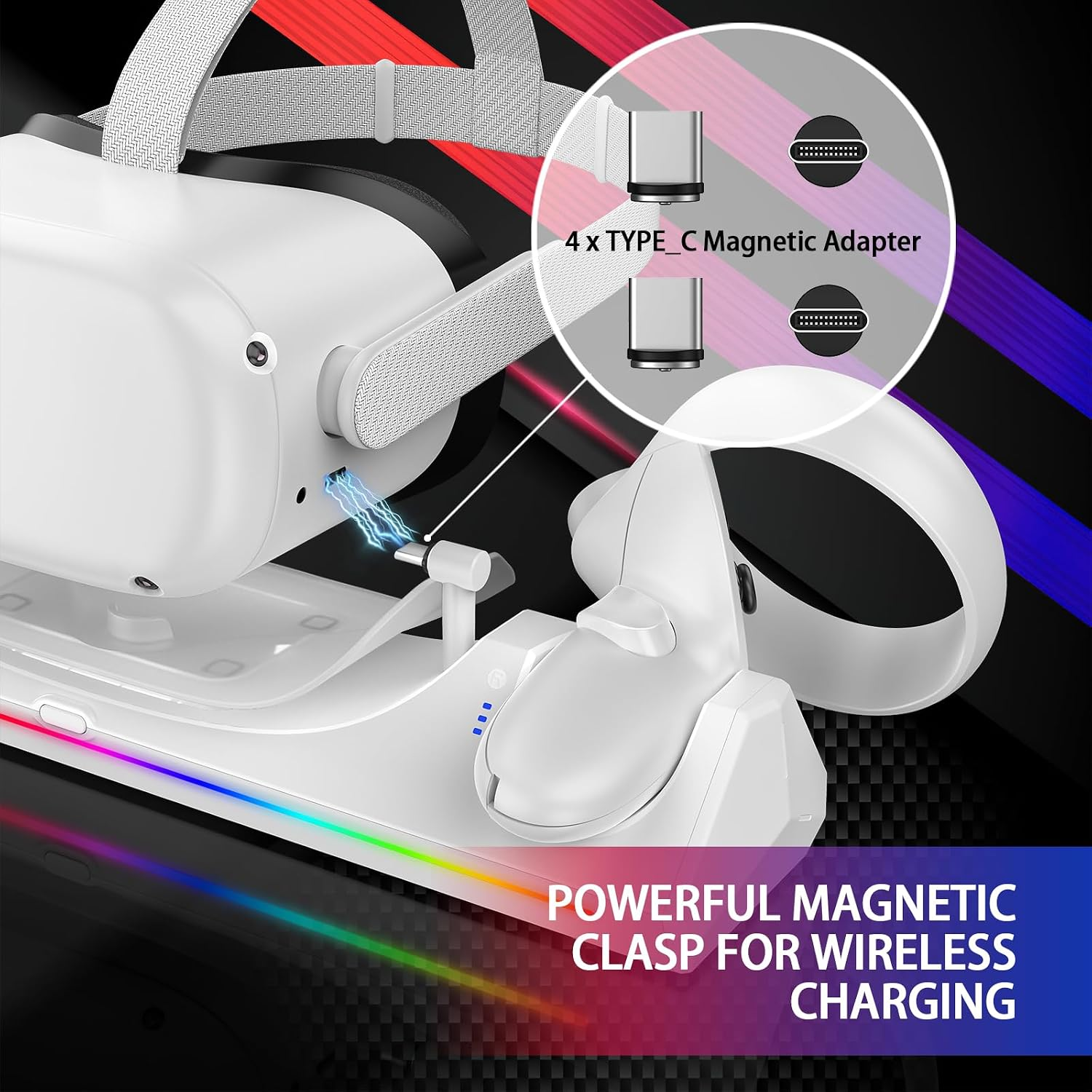 Weißes VR-Headset auf einer Ladestation mit magnetischem Typ-C-Adapter für kabelloses Laden.